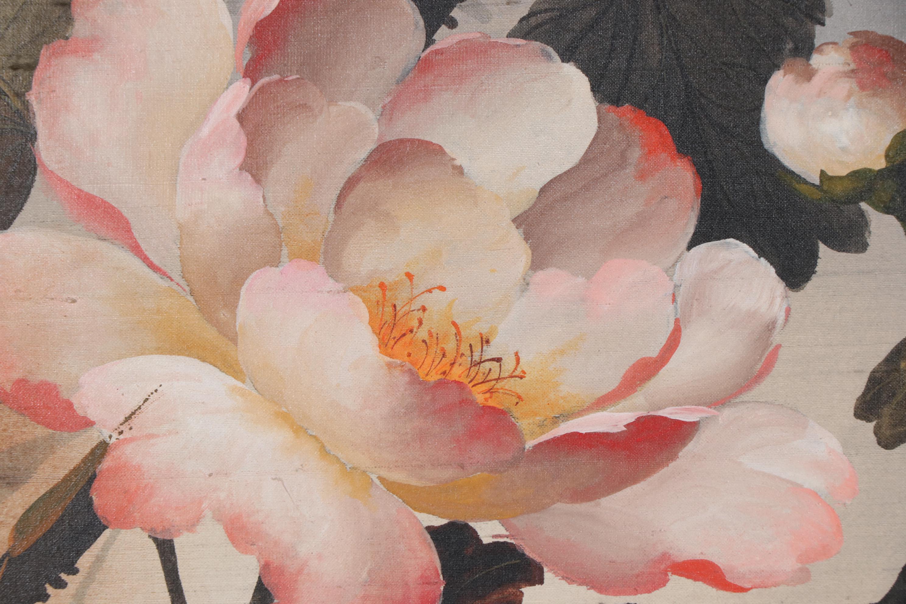 Wah Kee Wu Songbirds Oil Painting on Silk, Mid-20th Century