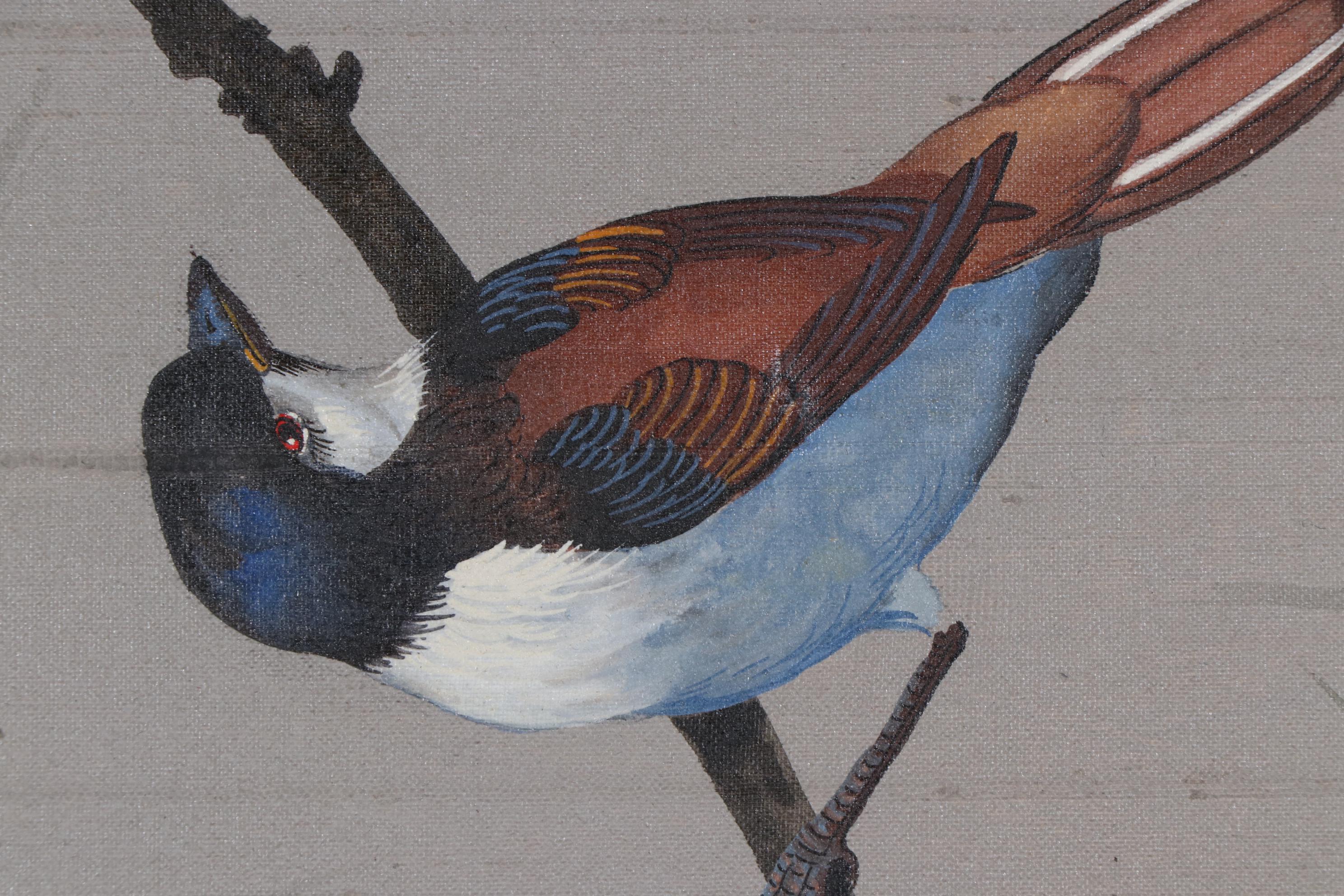 Wah Kee Wu Songbirds Oil Painting on Silk, Mid-20th Century