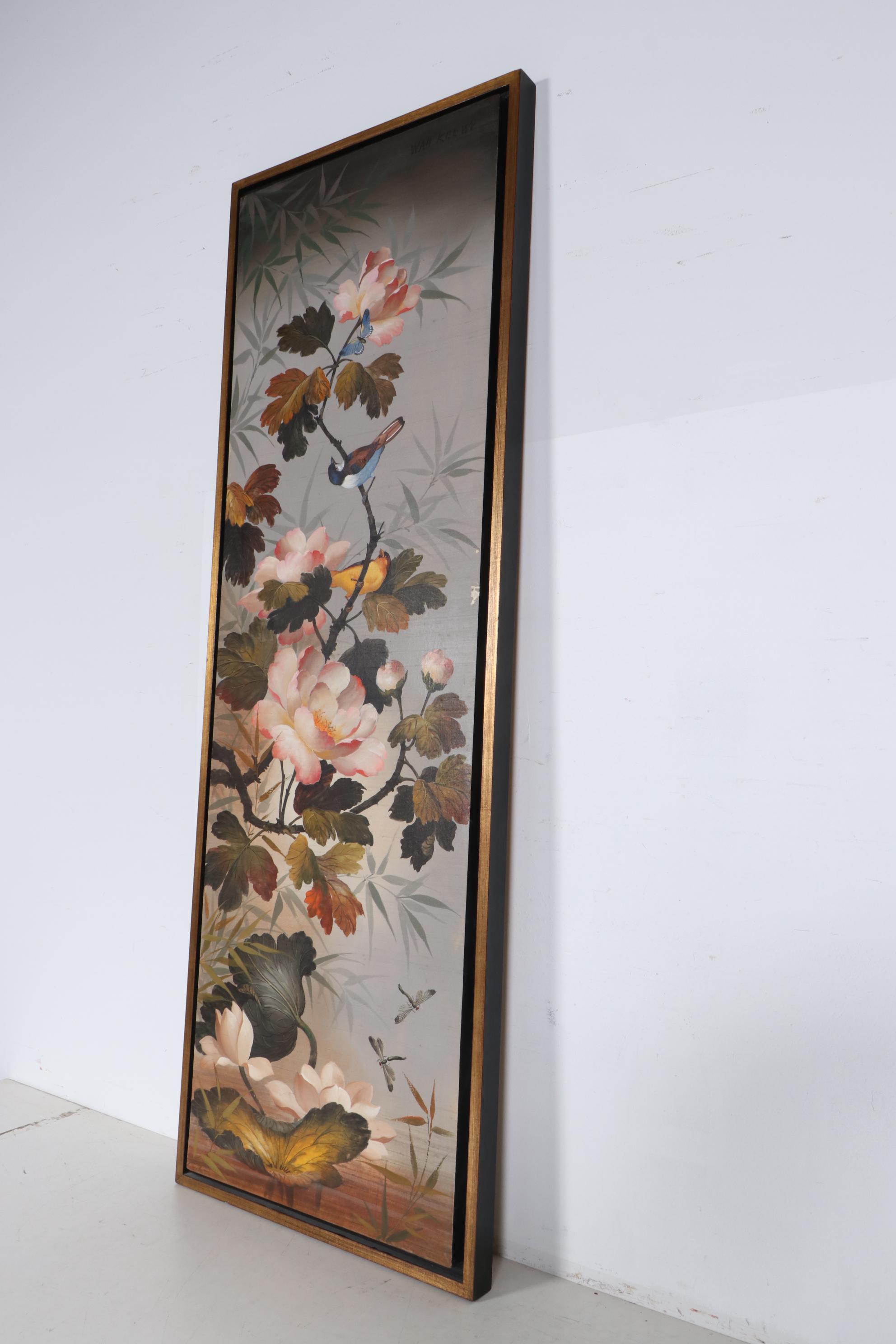 Wah Kee Wu Songbirds Oil Painting on Silk, Mid-20th Century