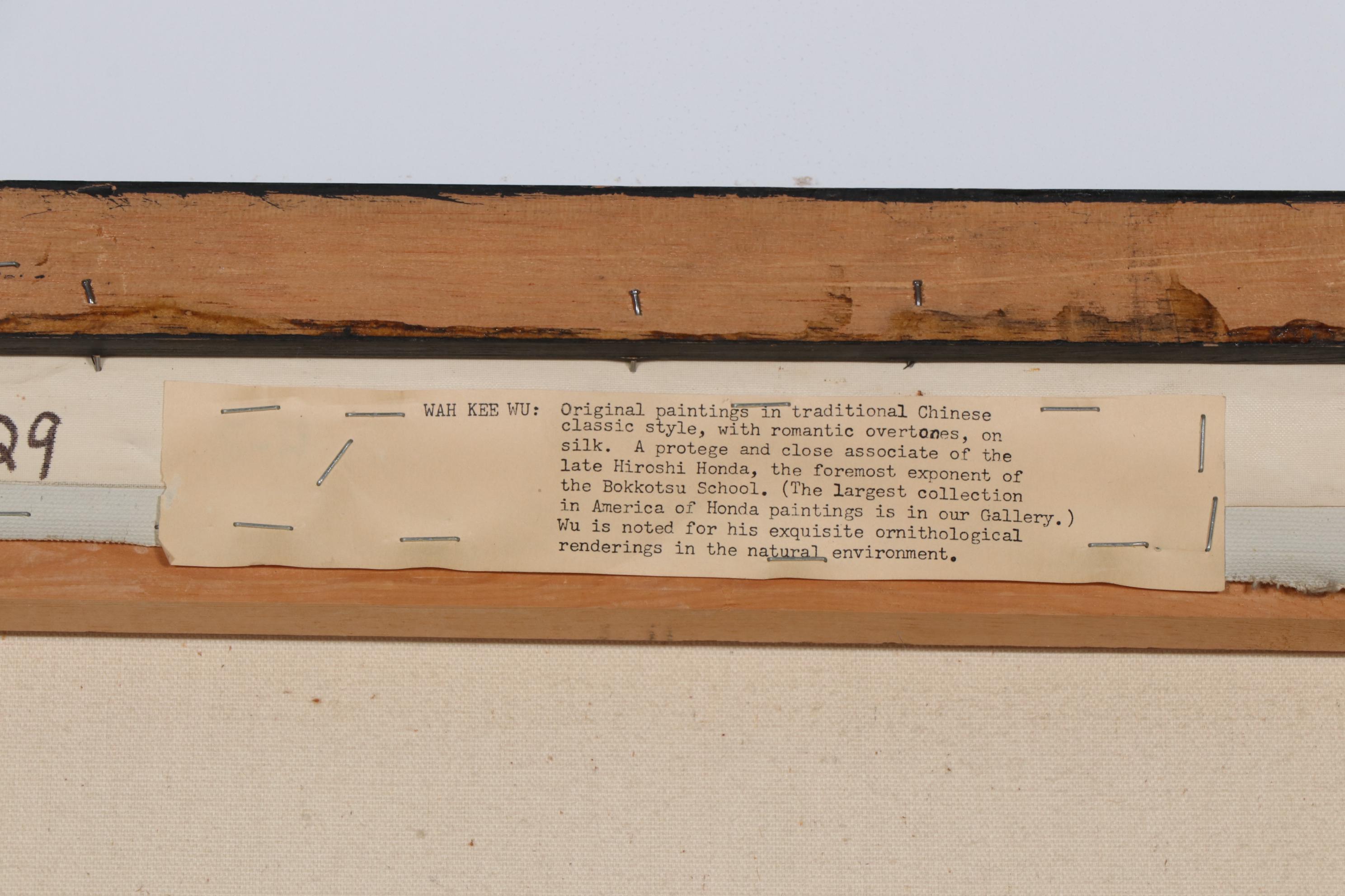 Wah Kee Wu Songbirds Oil Painting on Silk, Mid-20th Century