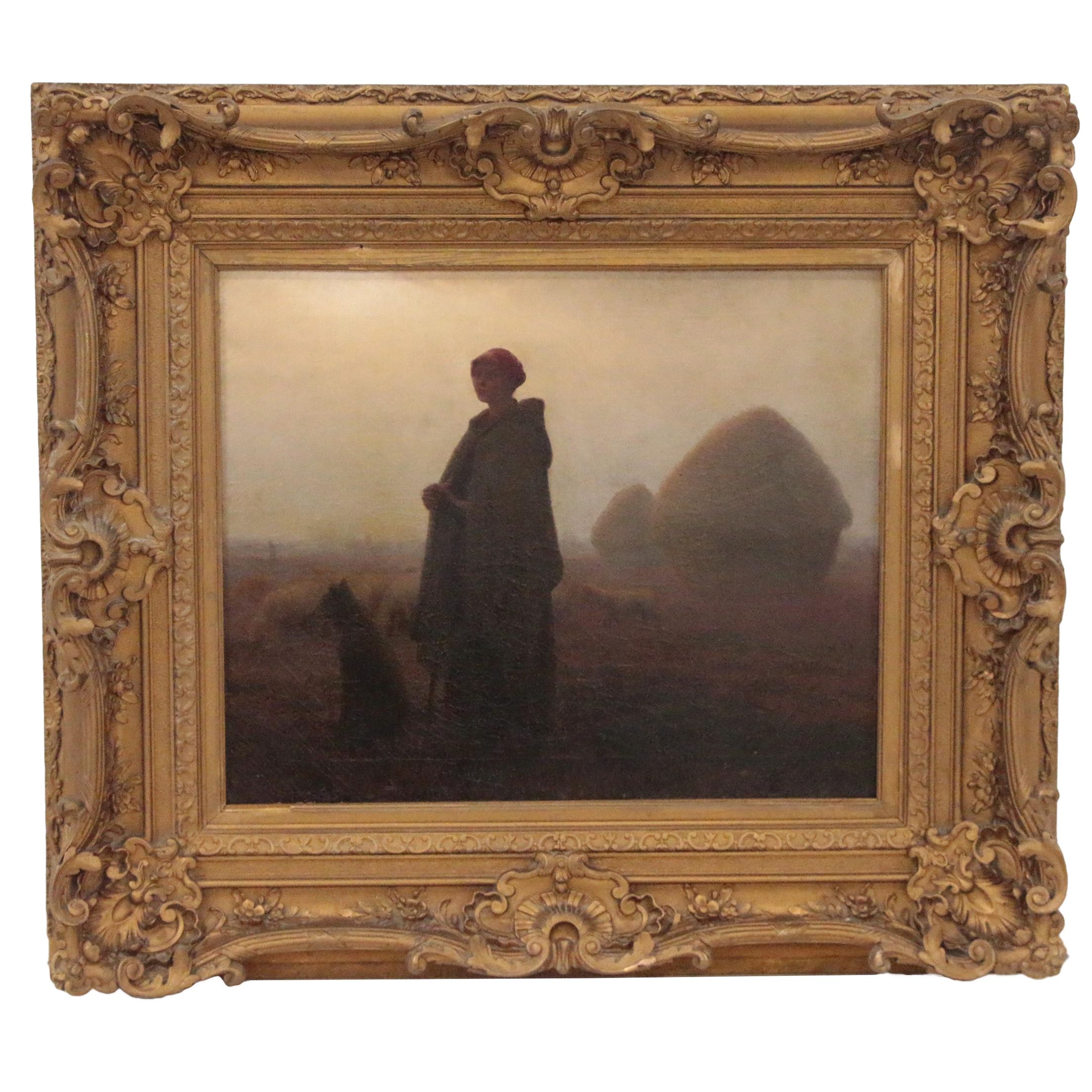 Aimé Perret Oil Painting of Shepherdess, Early 20th Century