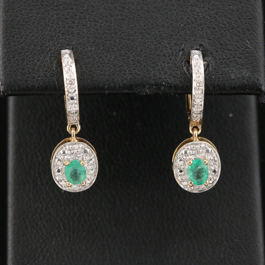 14K Yellow Gold Huggie Earrings with Diamond and Emerald Drops