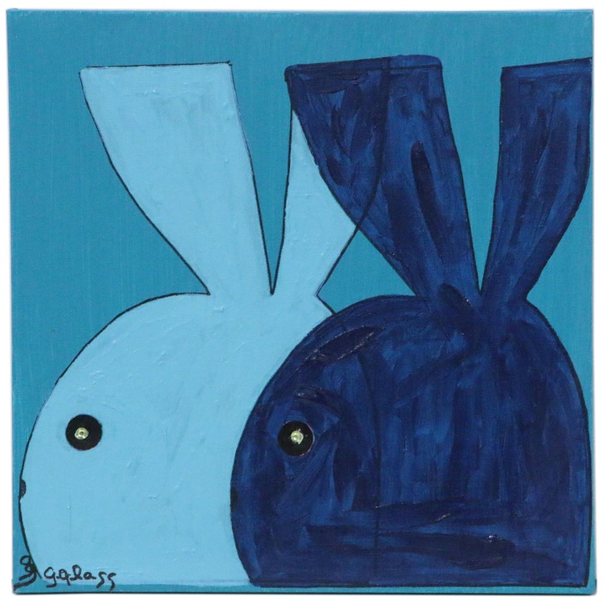 George Glass Acrylic Painting "Blue Bunnies"