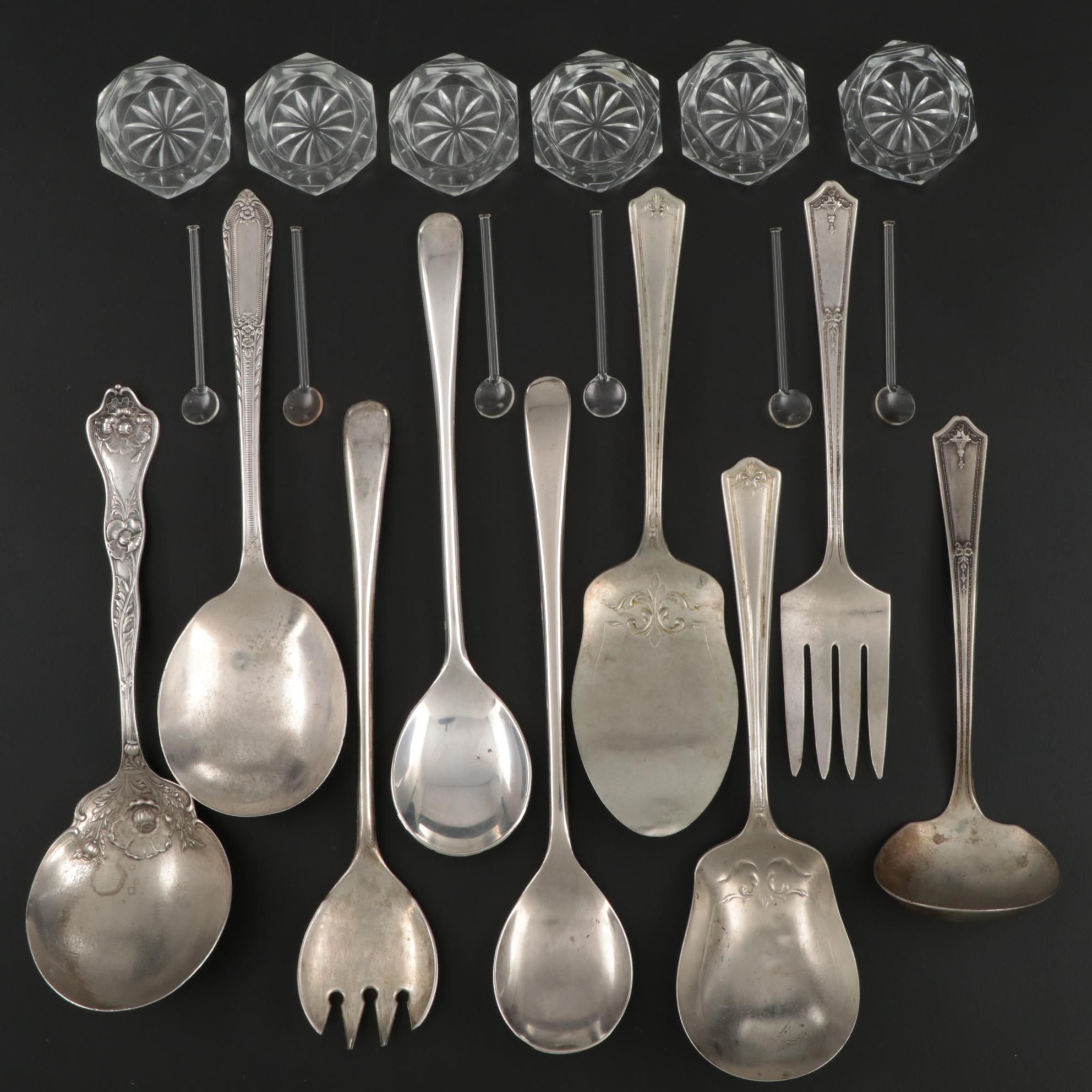 Bohemia Glass Salt Cellars and Spoons with Silver Plate Serving Utensils