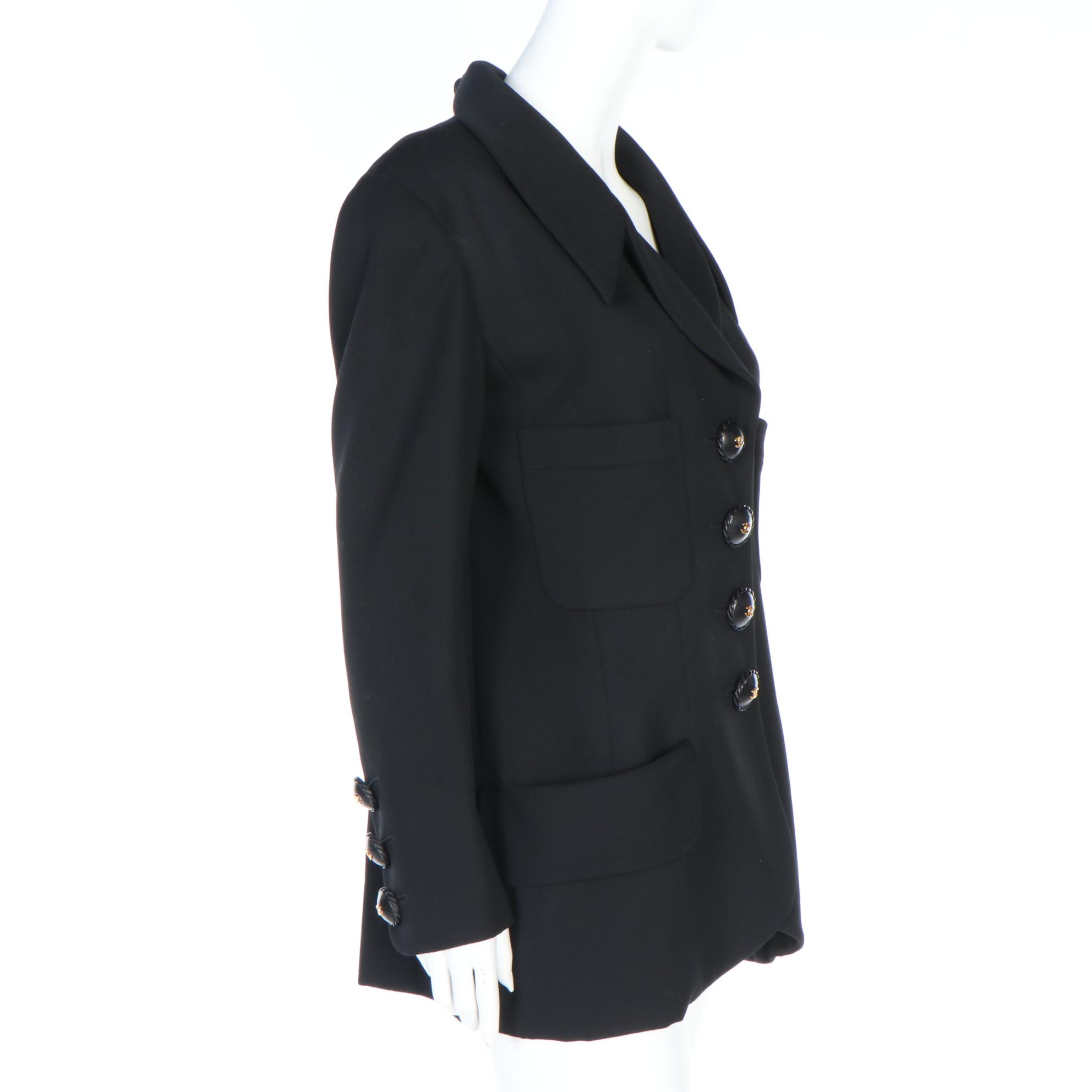Chanel Boutique Black Wool Suit Jacket with Split Collar, Vintage