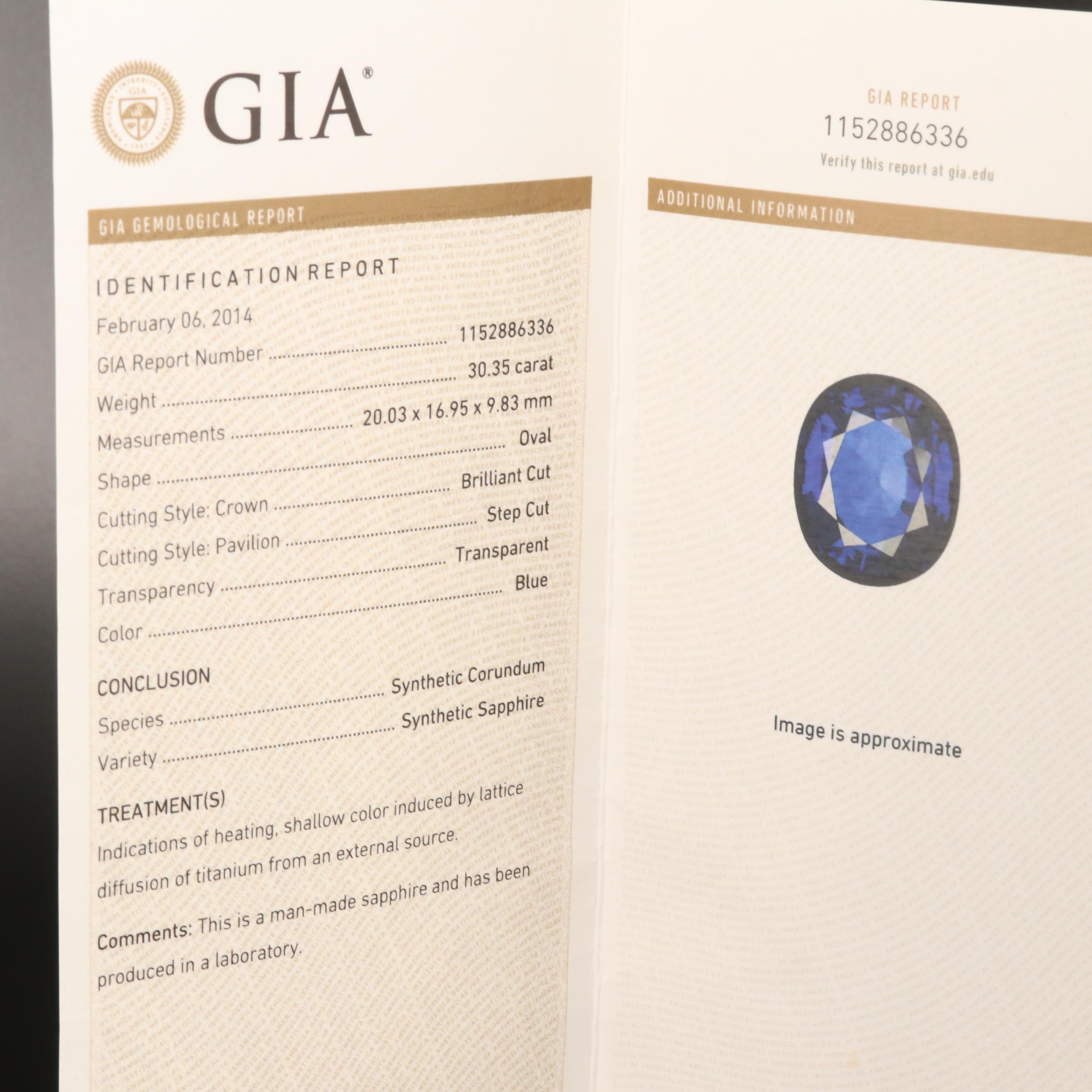 Loose 30.35 CT Synthetic Sapphire with GIA Report