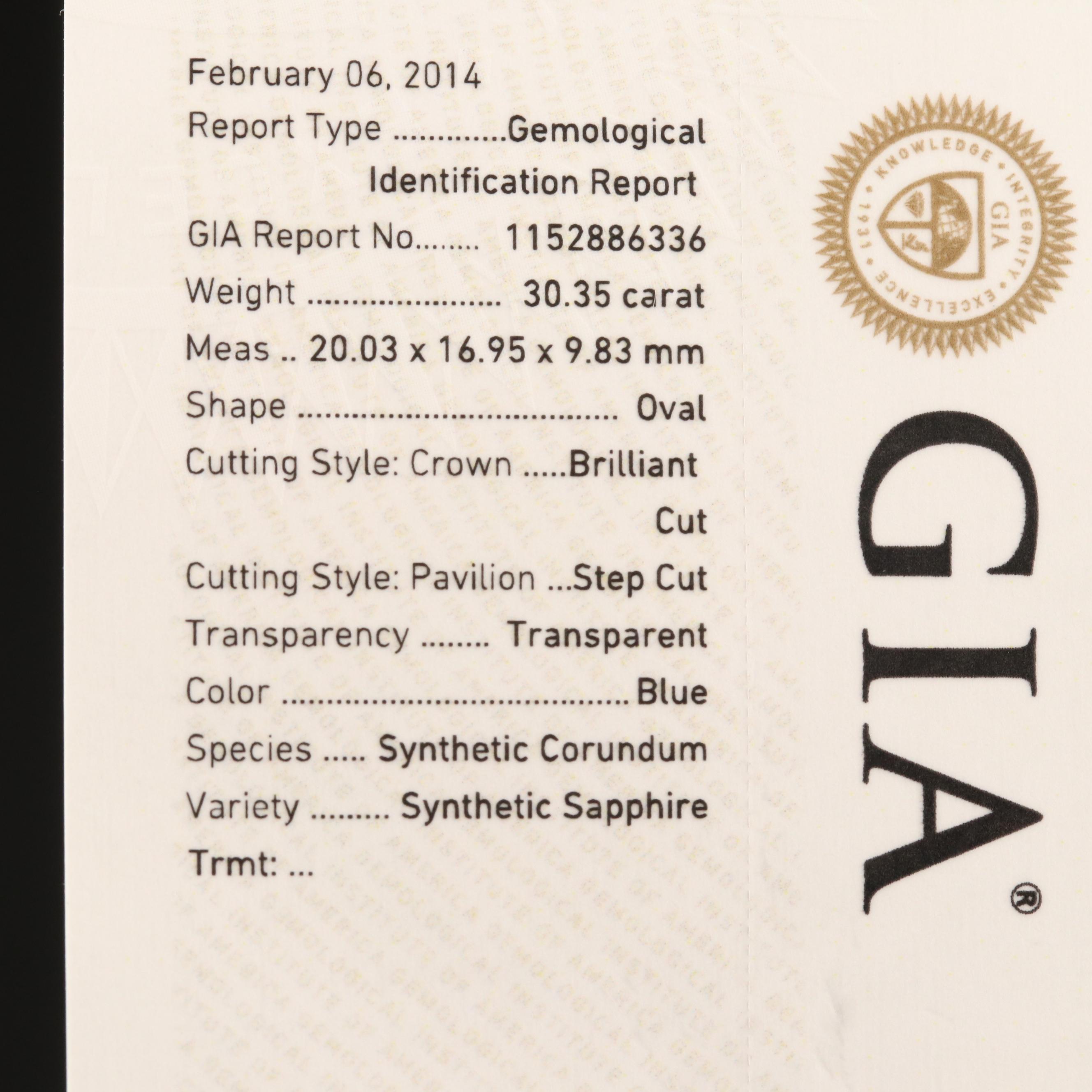 Loose 30.35 CT Synthetic Sapphire with GIA Report