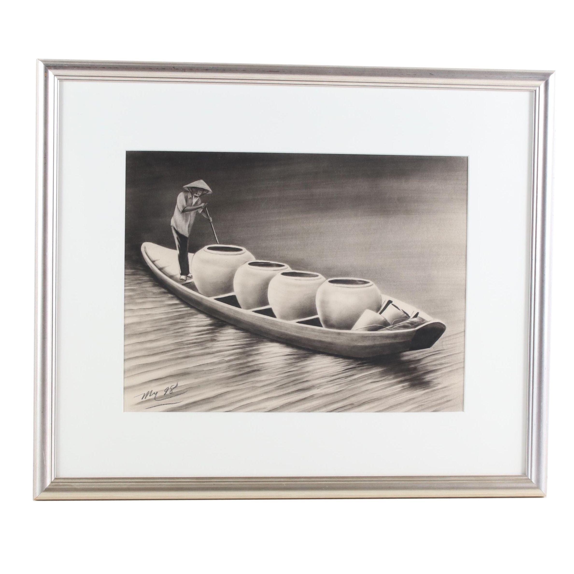 Charcoal Drawing of Chinese Man Steering a Sampan