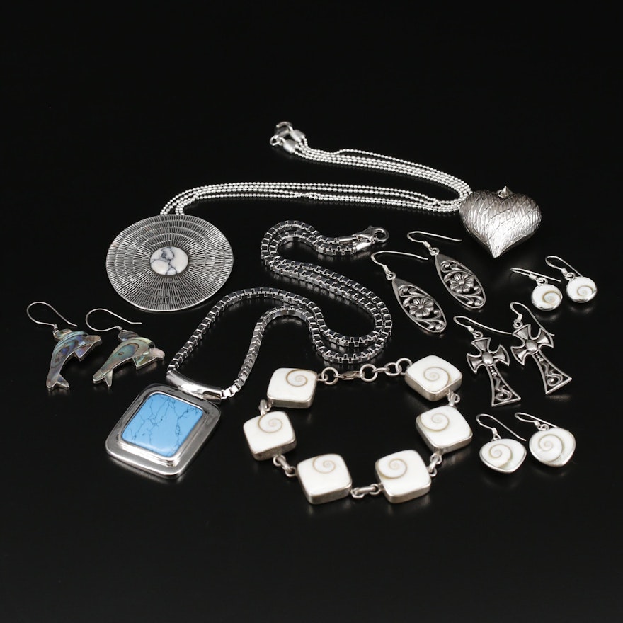 Collection of Sterling Silver Jewelry with Shell, Abalone and Howlite