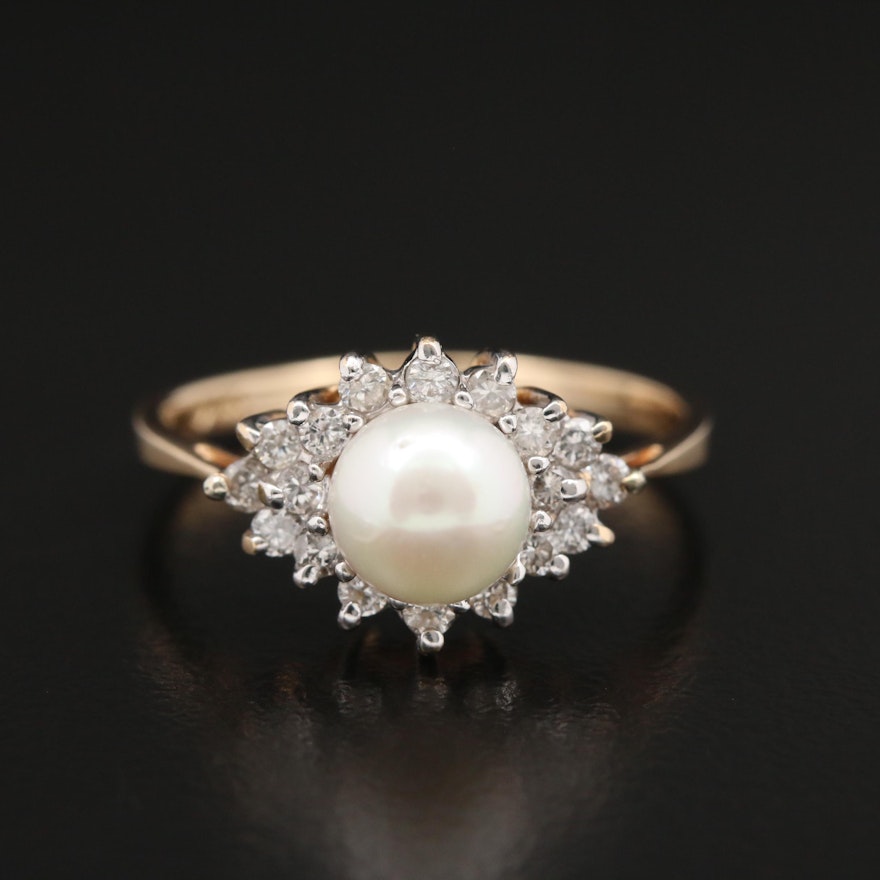 14K Yellow Gold Pearl and Diamond Ring