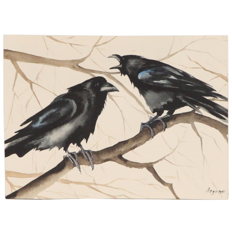 Anne Gorywine Watercolor Painting of Ravens