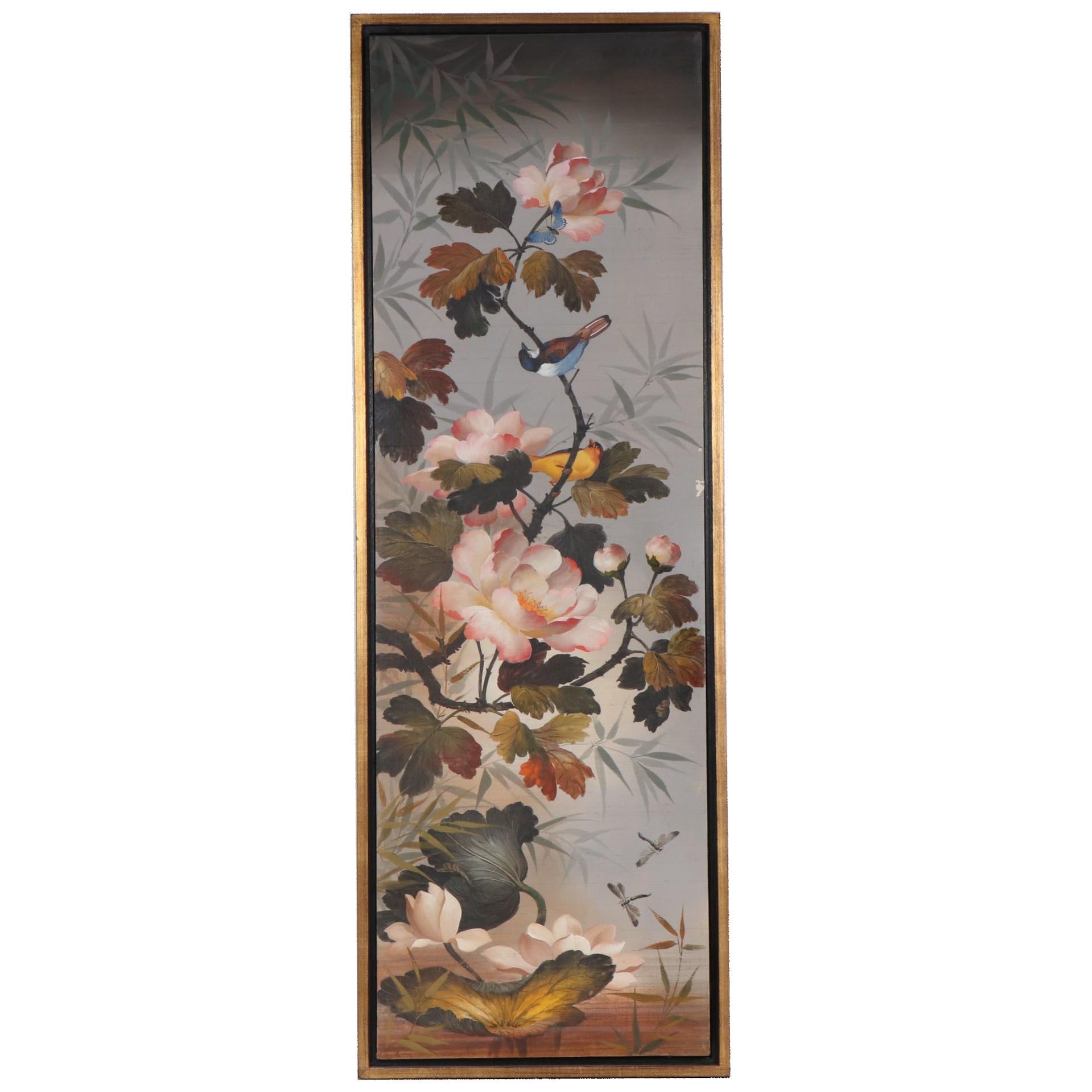 Wah Kee Wu Songbirds Oil Painting on Silk, Mid-20th Century