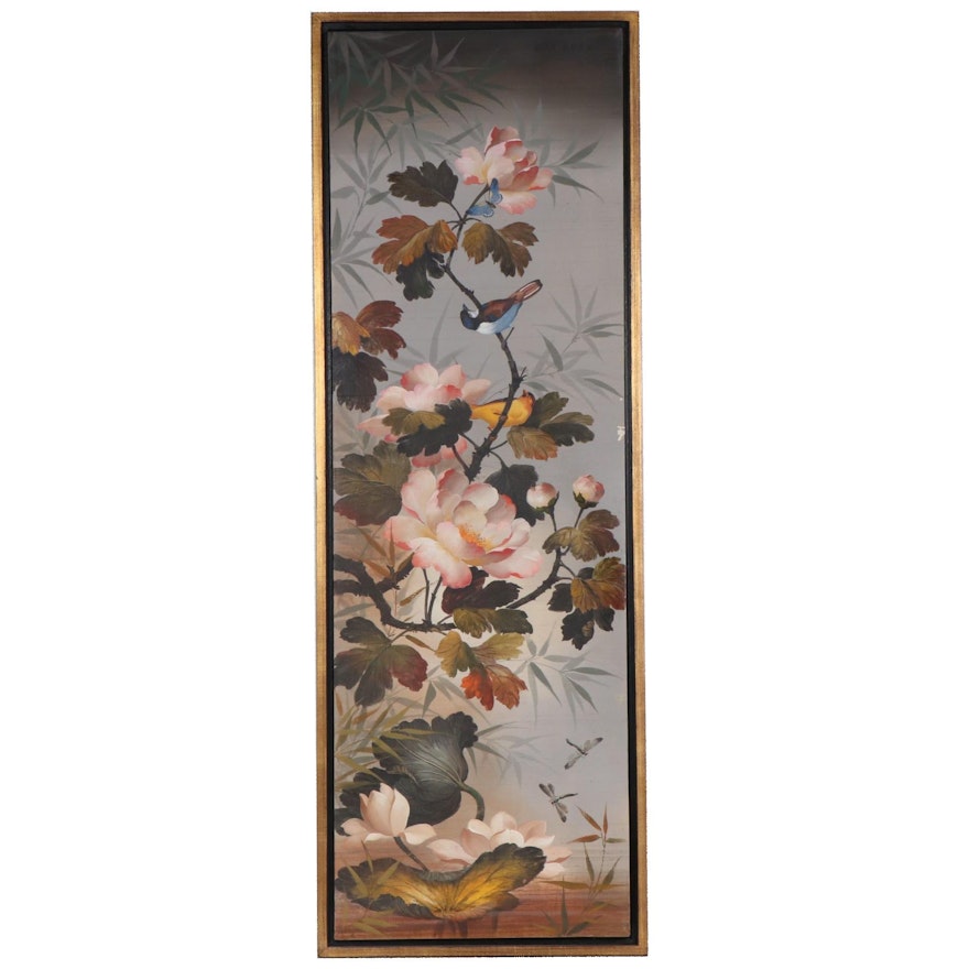 Wah Kee Wu Songbirds Oil Painting on Silk, Mid-20th Century