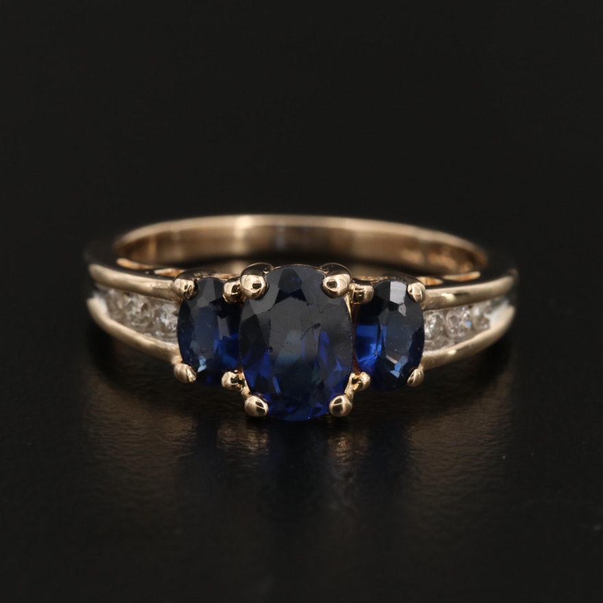 14K Gold Synthetic Sapphire Ring with Diamond Accents