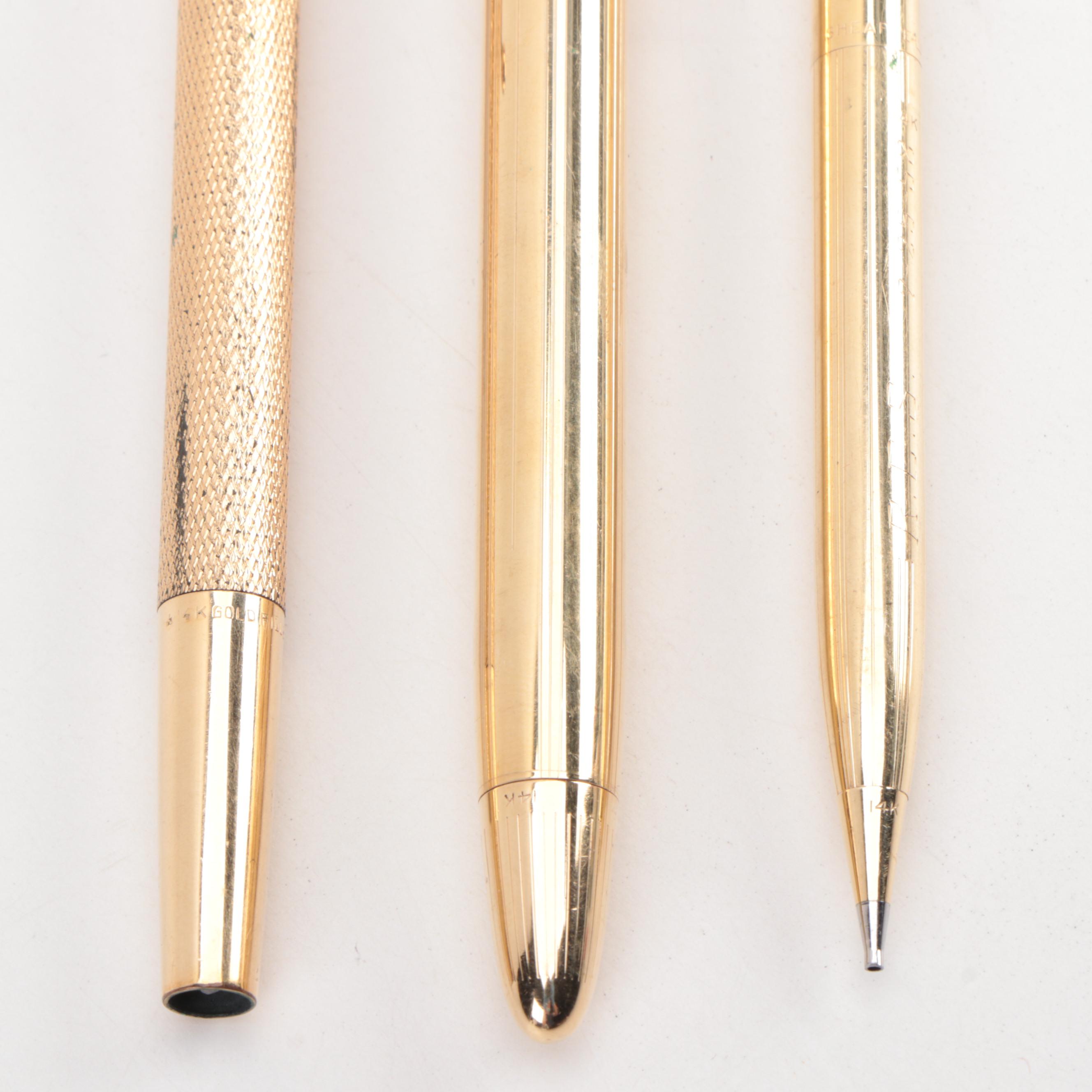 Sheaffer Snorkel 14K Gold Fountain Pen, 14K Pencil, and W. S. Hicks Pencil