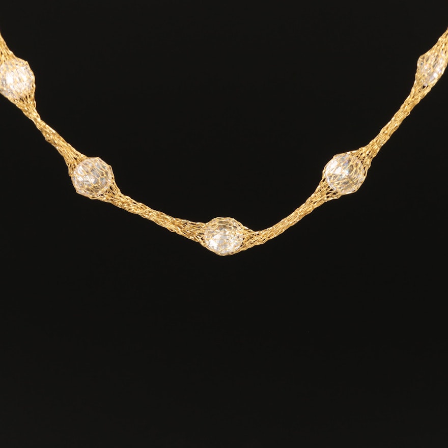 14K Yellow Gold Cubic Zirconia Station Necklace Featuring Mesh Chain