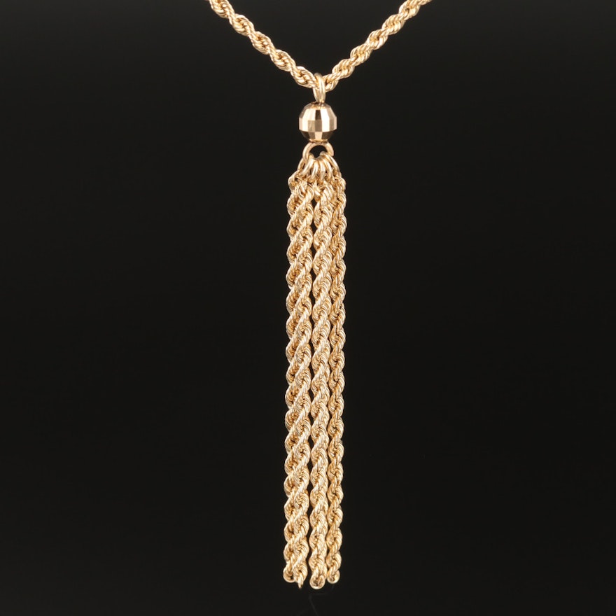 14K Yellow Gold Rope Chain Necklace With Tassel Pendant