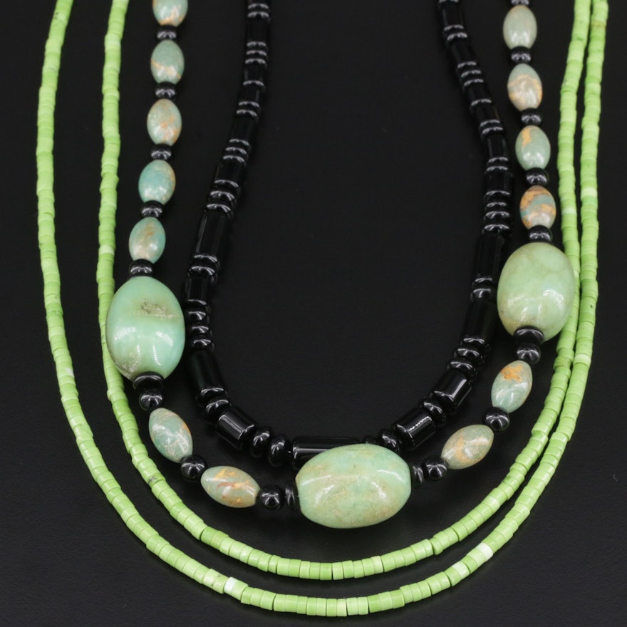 Beaded Green Turquoise and Black Onyx Necklaces with Sterling Clasps