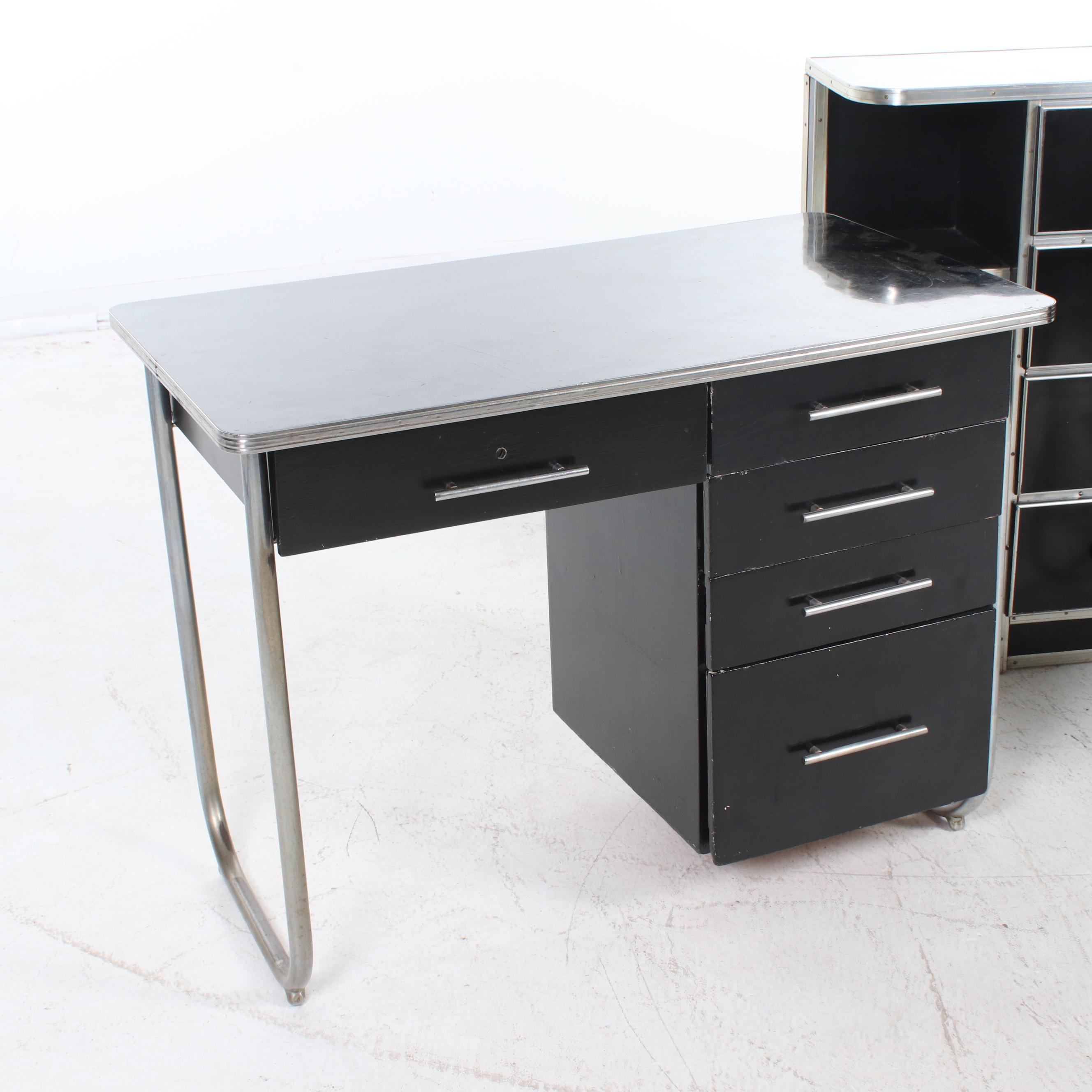Art Deco Black Laminate and Chrome Desk, Accent Tables, and Dresser