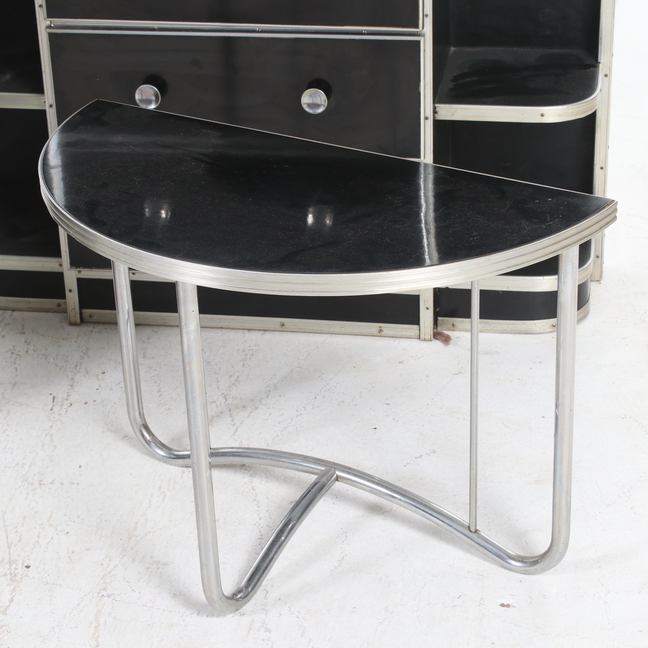 Art Deco Black Laminate and Chrome Desk, Accent Tables, and Dresser