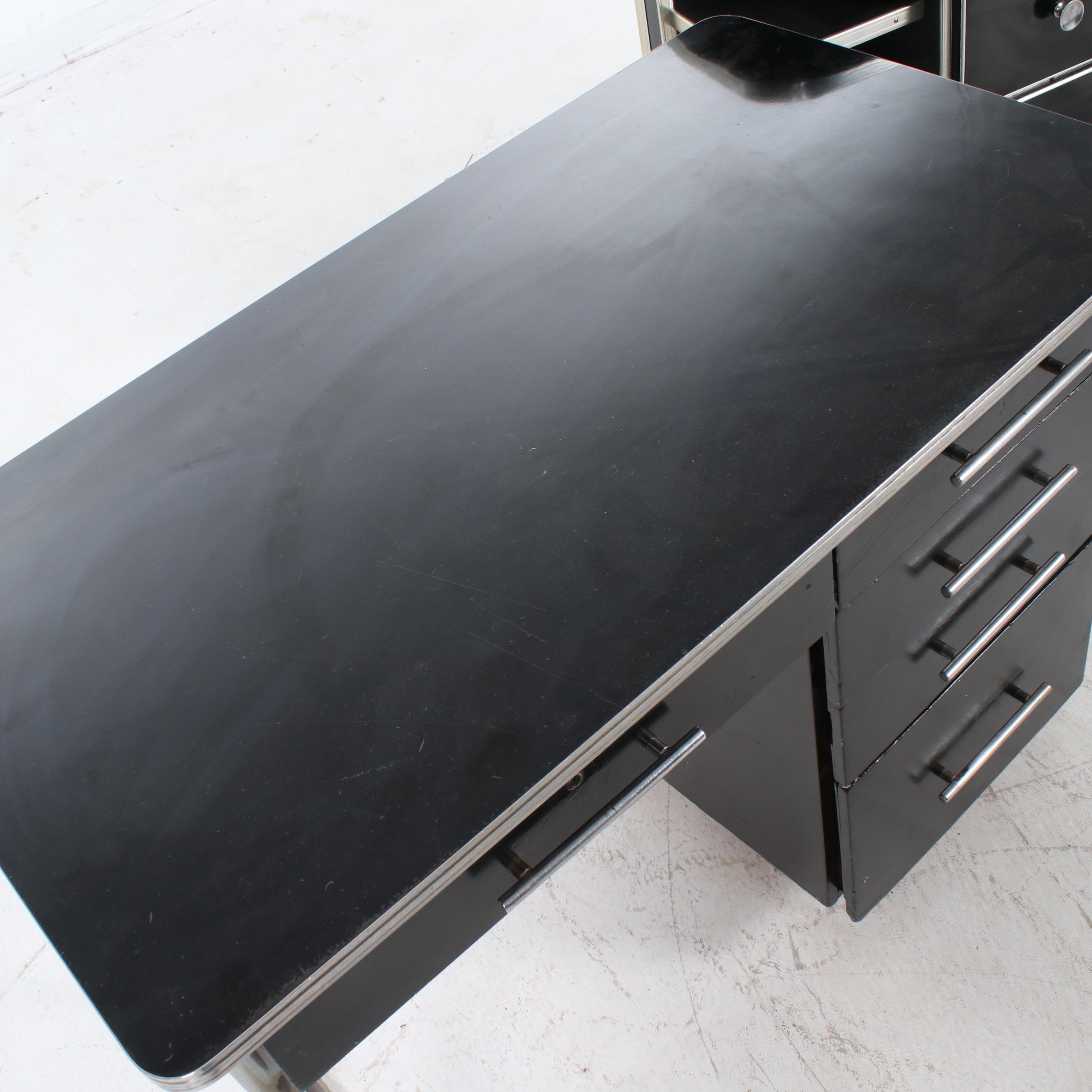Art Deco Black Laminate and Chrome Desk, Accent Tables, and Dresser