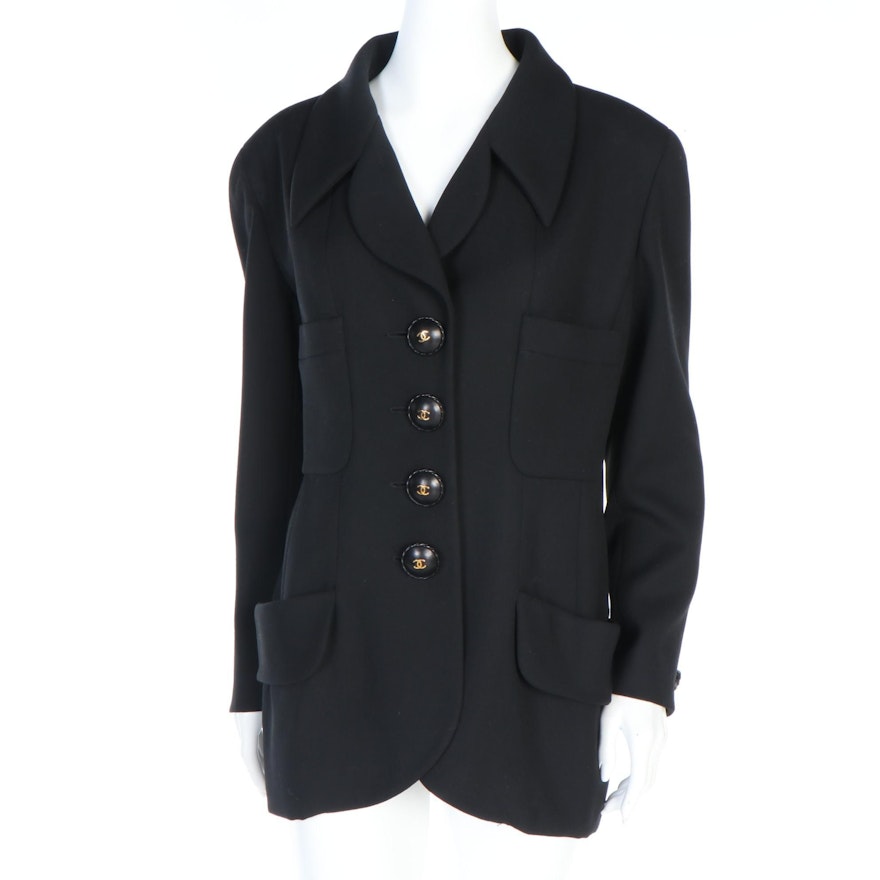 Chanel Boutique Black Wool Suit Jacket with Split Collar, Vintage