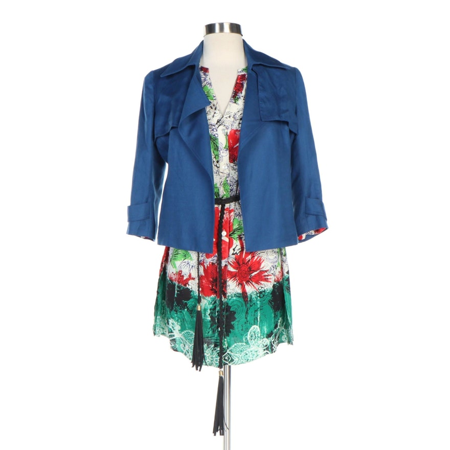 J. Peterman Linen Blend Open Front Jacket and Belted Tropical Tunic Dress
