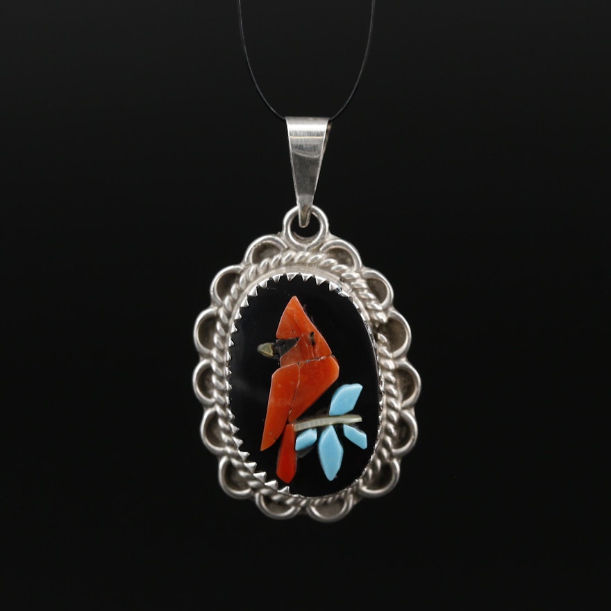 Signed Zuni Sterling Coral, Turquoise and Mother of Pearl Cardinal Pendant
