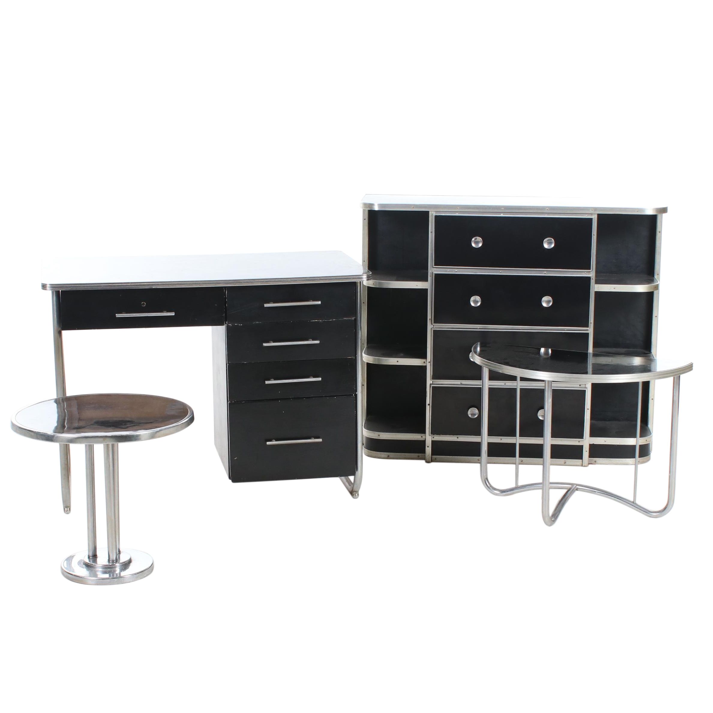 Art Deco Black Laminate and Chrome Desk, Accent Tables, and Dresser