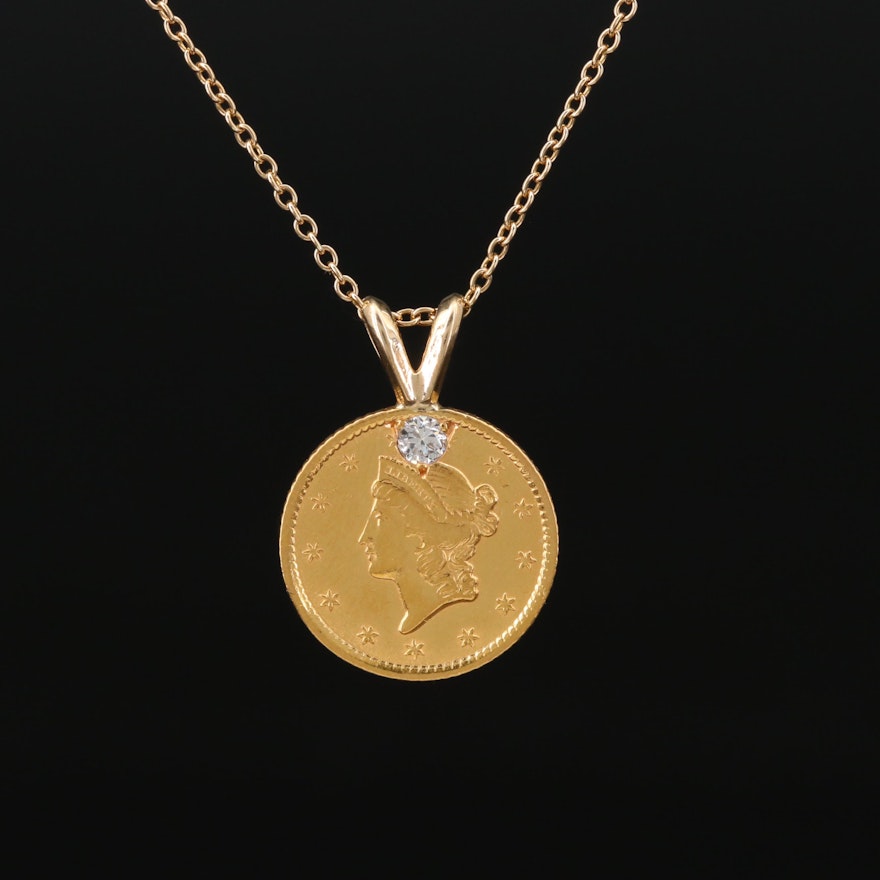 22K and 14K Diamond Pendant Necklace Featuring 1862 Liberty Head Gold Dollar