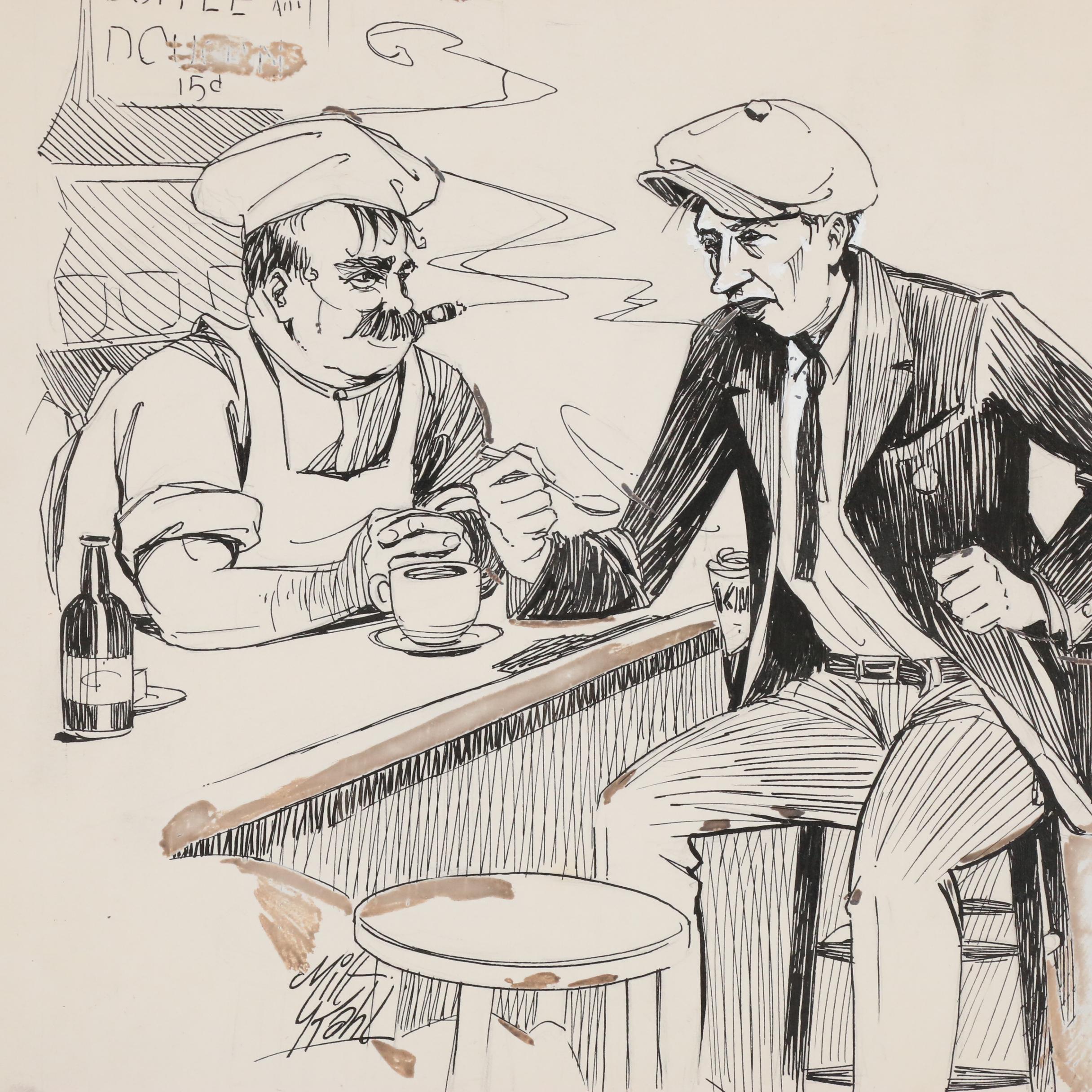 Milton Kahl Pen & Ink Illustration of Coffee Shop Genre Scene, 20th Century