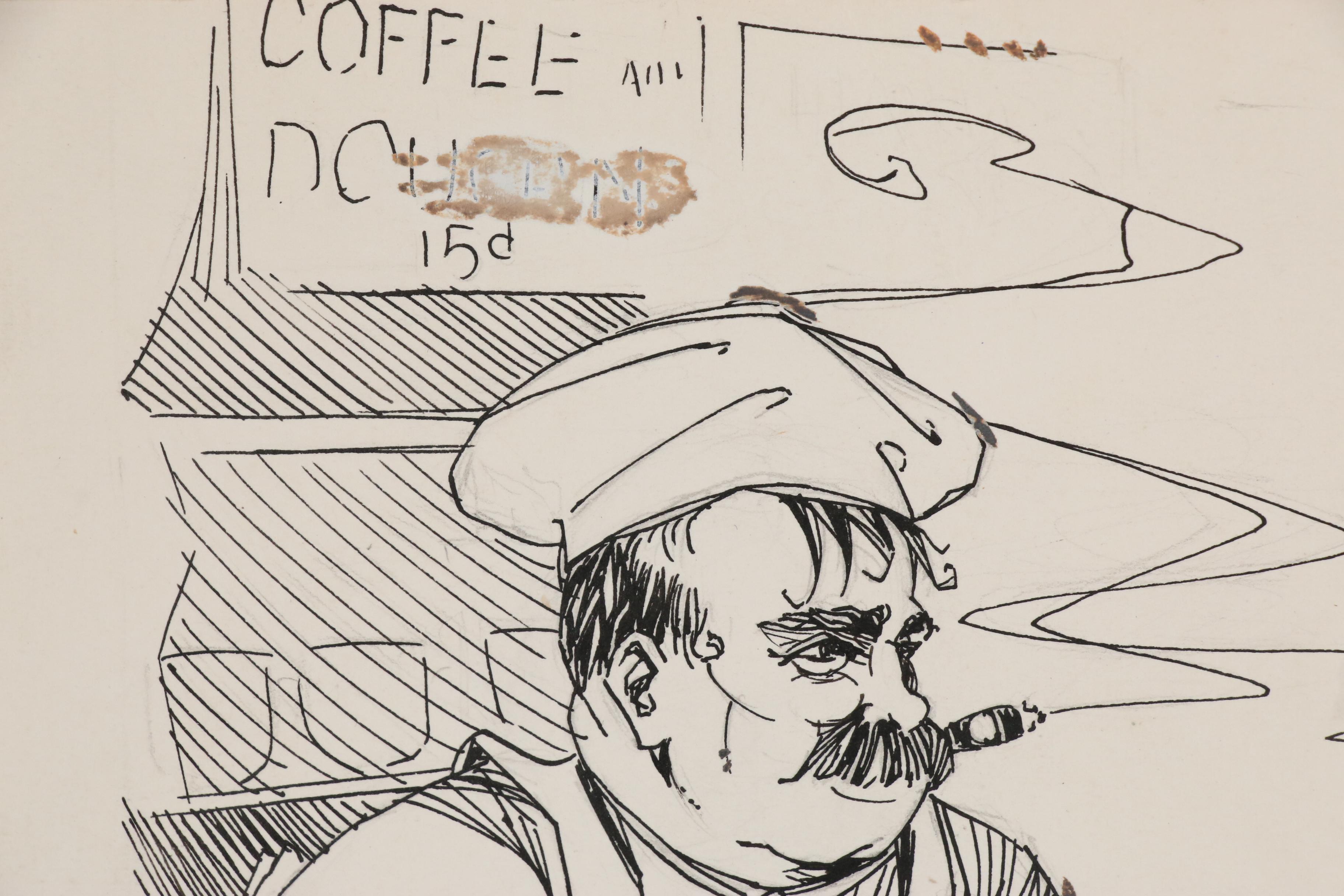 Milton Kahl Pen & Ink Illustration of Coffee Shop Genre Scene, 20th Century