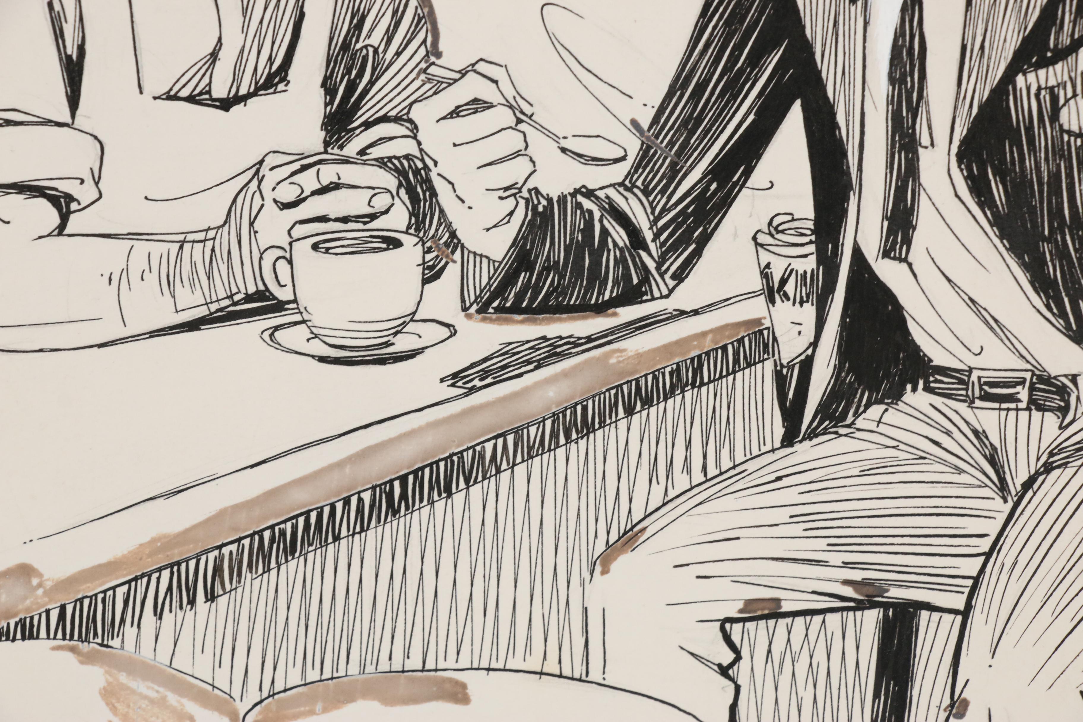 Milton Kahl Pen & Ink Illustration of Coffee Shop Genre Scene, 20th Century