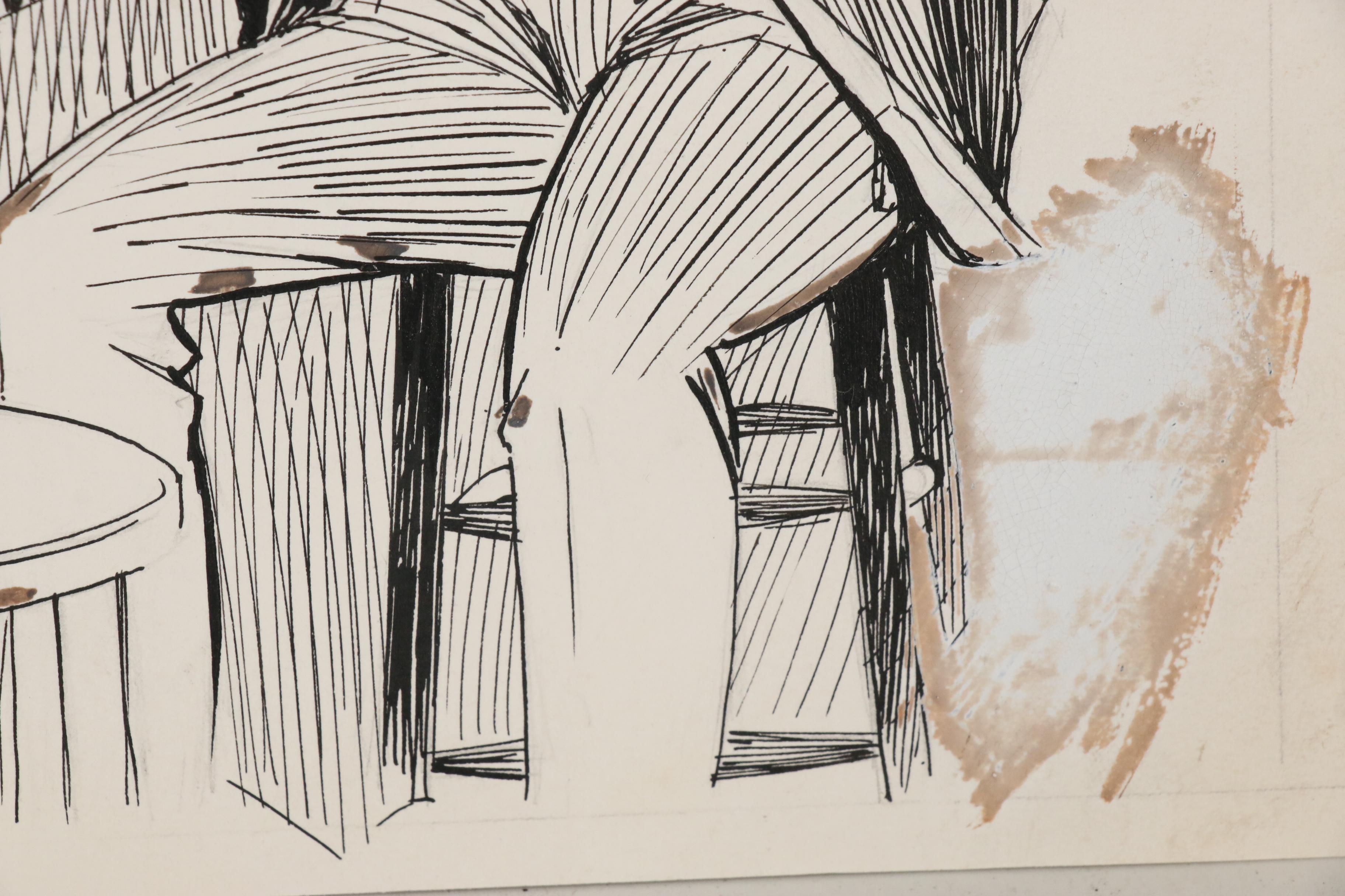 Milton Kahl Pen & Ink Illustration of Coffee Shop Genre Scene, 20th Century