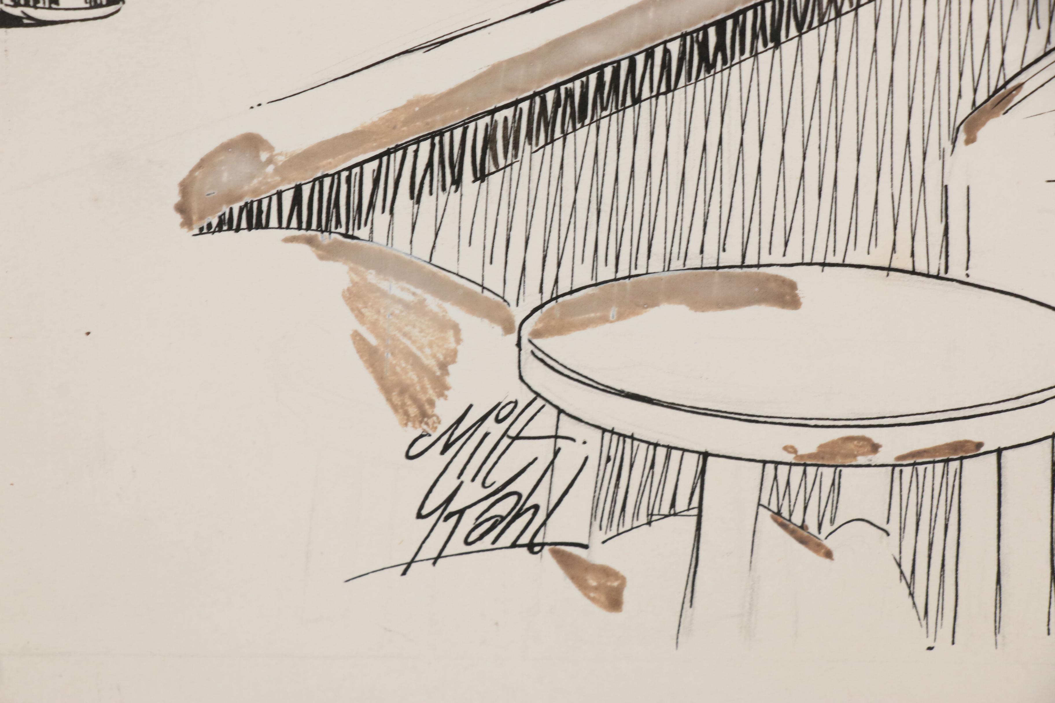 Milton Kahl Pen & Ink Illustration of Coffee Shop Genre Scene, 20th Century