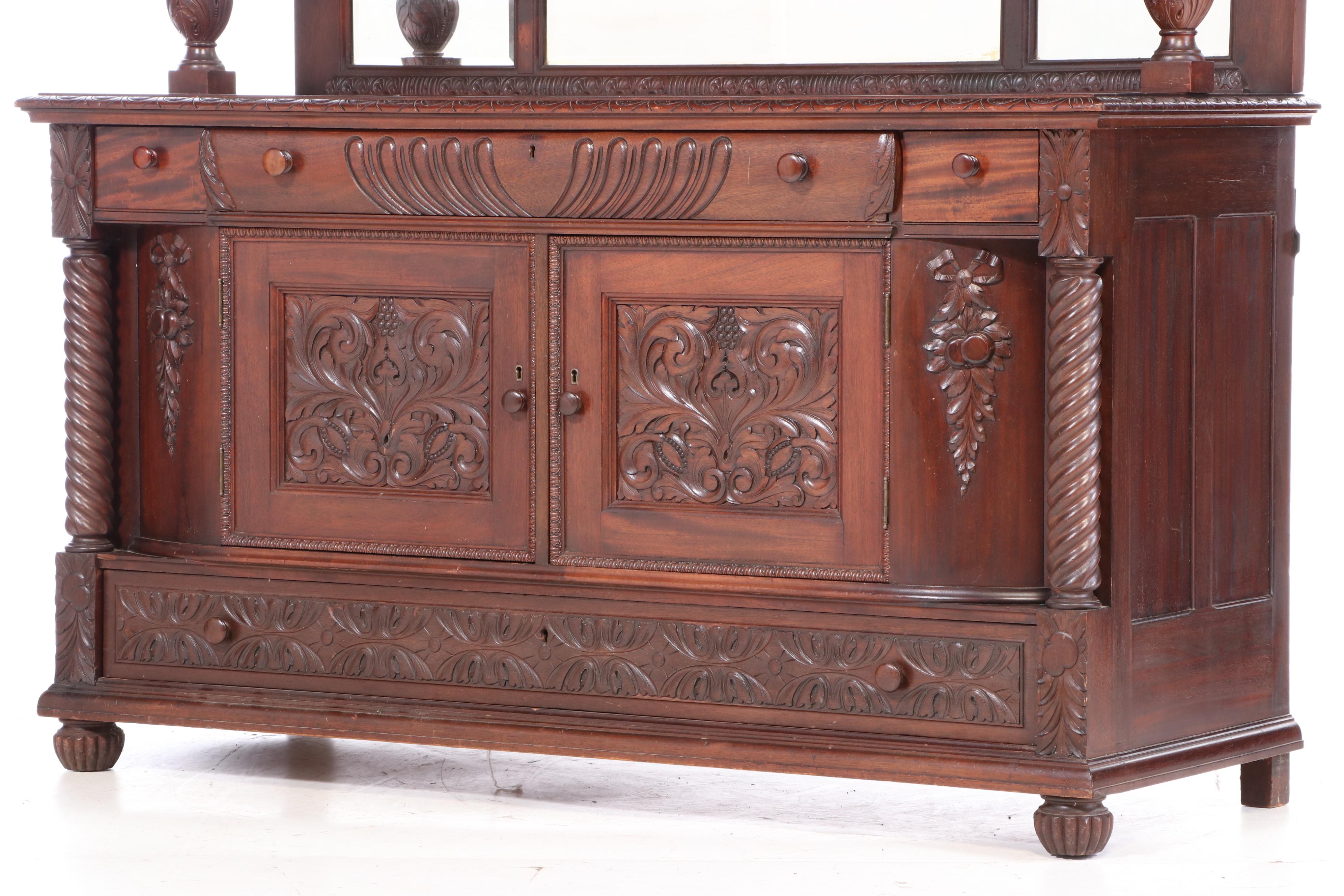 American Carved Mahogany Mirror Back Sideboard, Early 20th Century