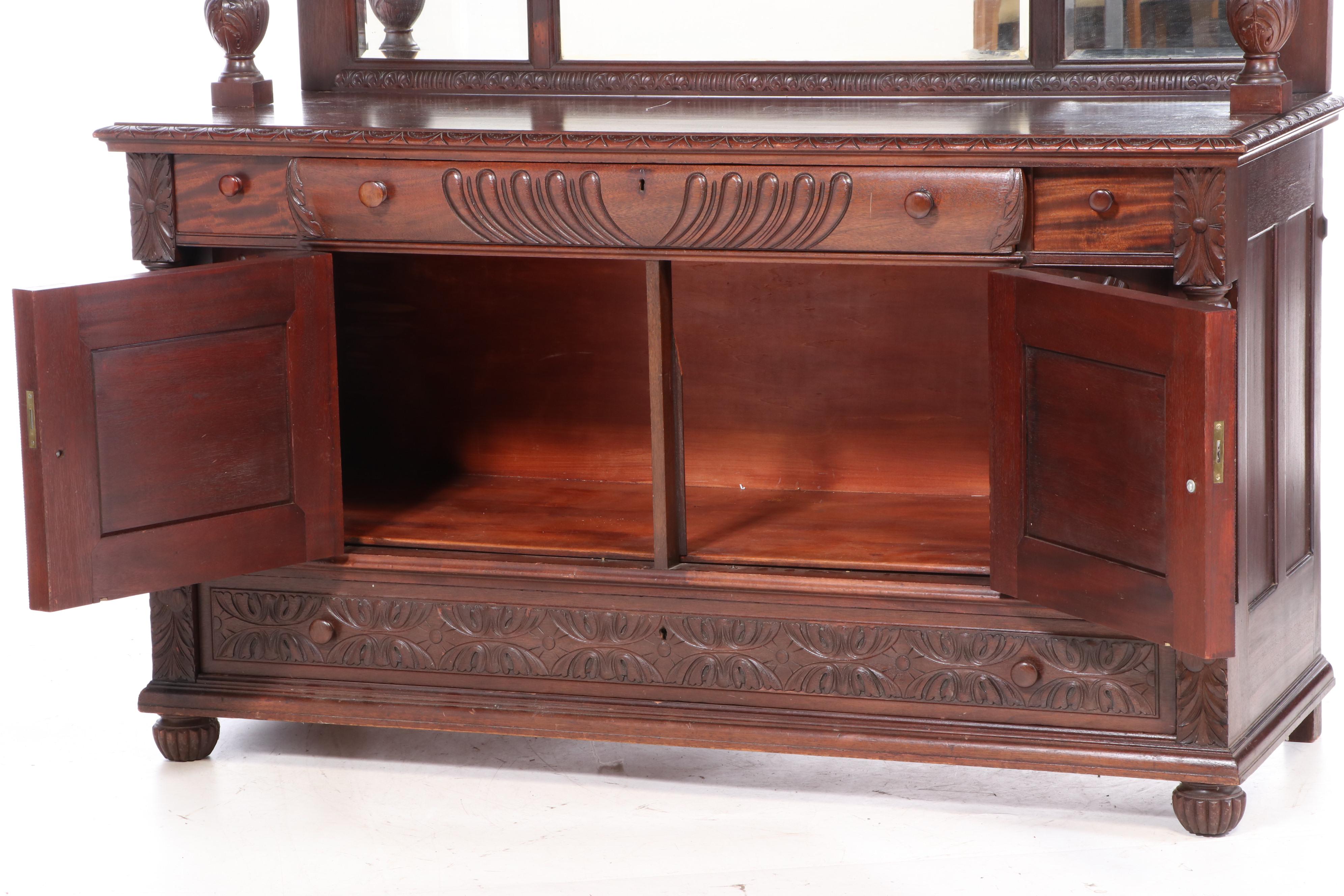 American Carved Mahogany Mirror Back Sideboard, Early 20th Century