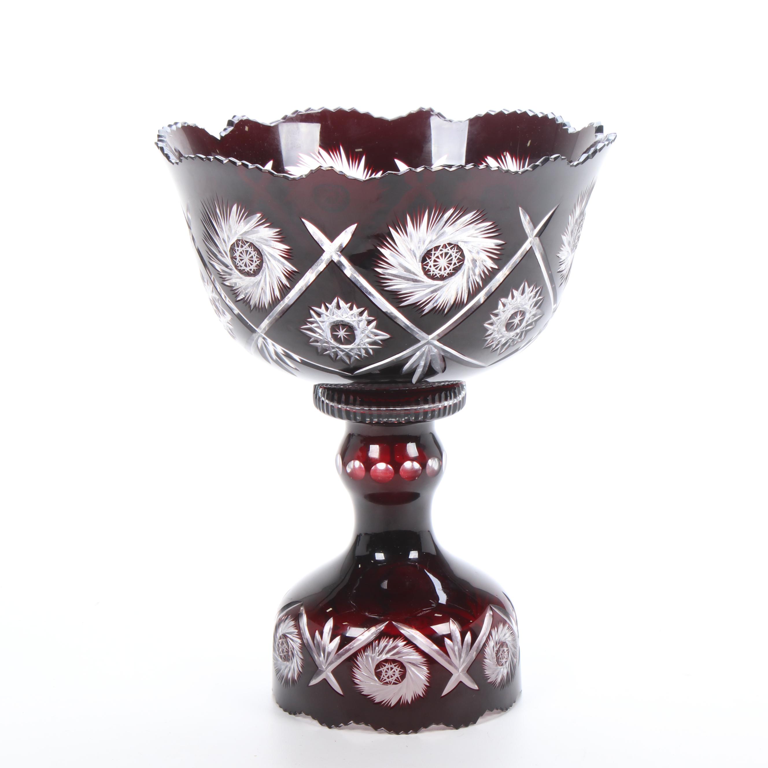 Bohemian Ruby Cut to Clear Glass Centerpiece Bowl on Stand