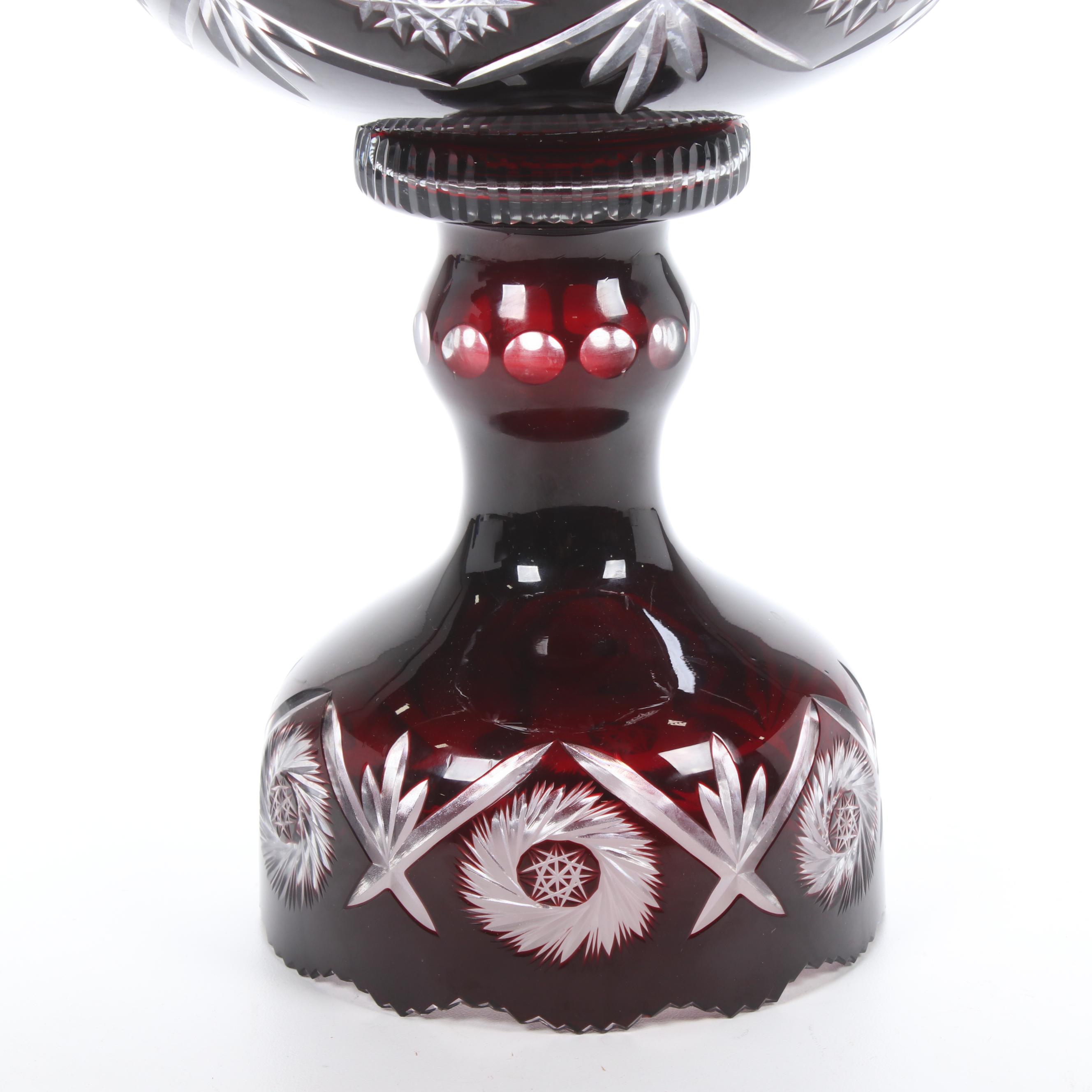 Bohemian Ruby Cut to Clear Glass Centerpiece Bowl on Stand