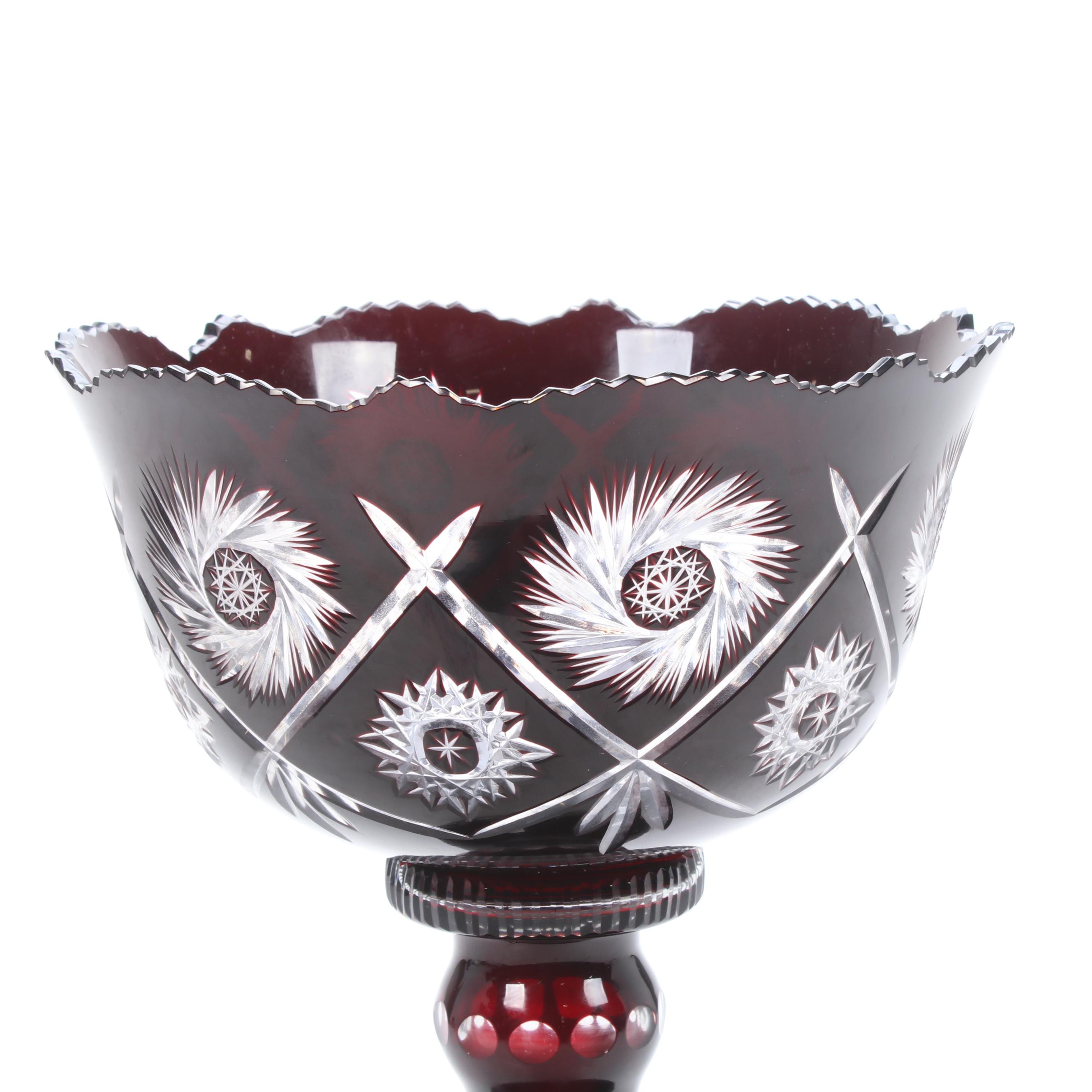 Bohemian Ruby Cut to Clear Glass Centerpiece Bowl on Stand