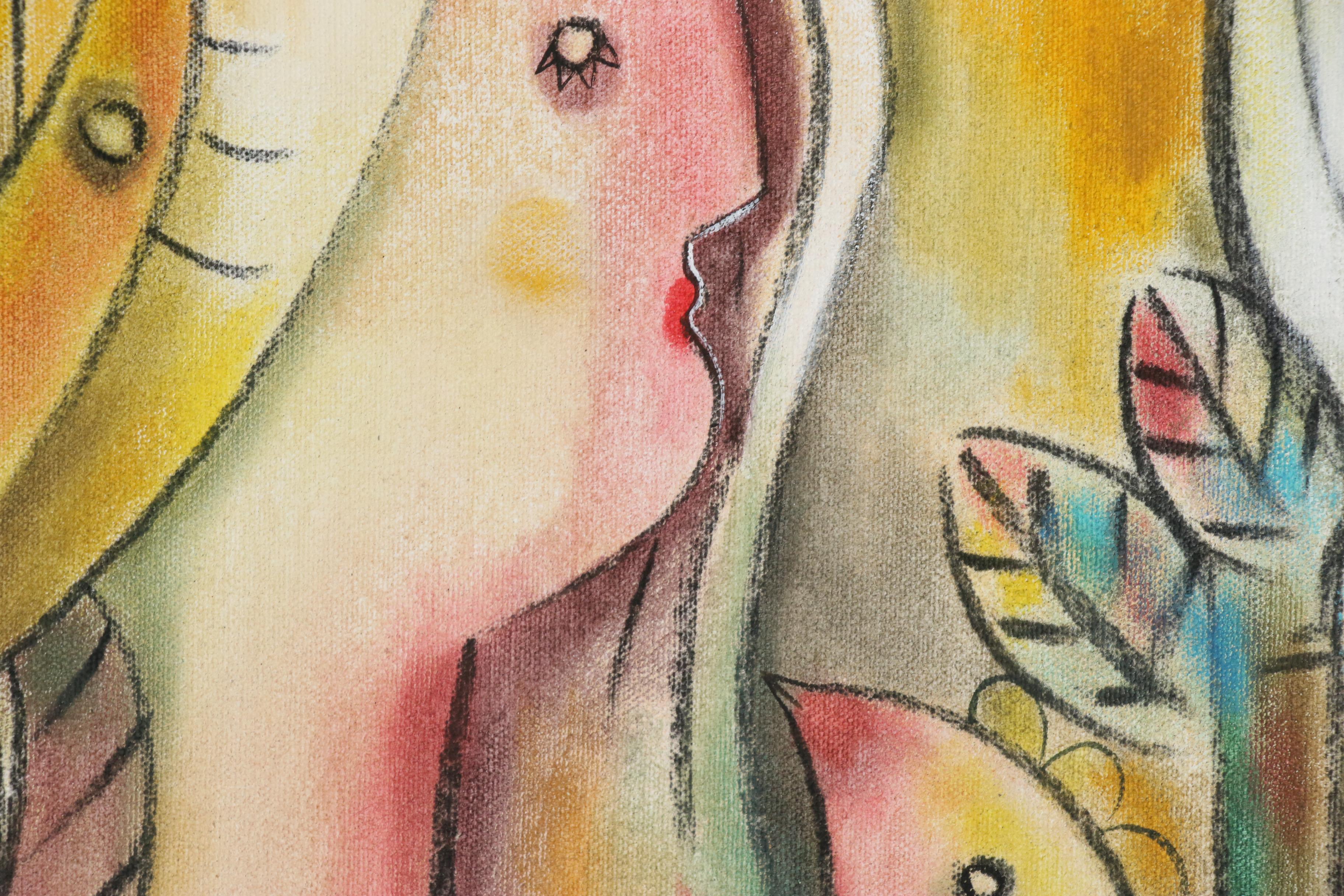 Michel Blazquez Acrylic Painting "Women with Bird"