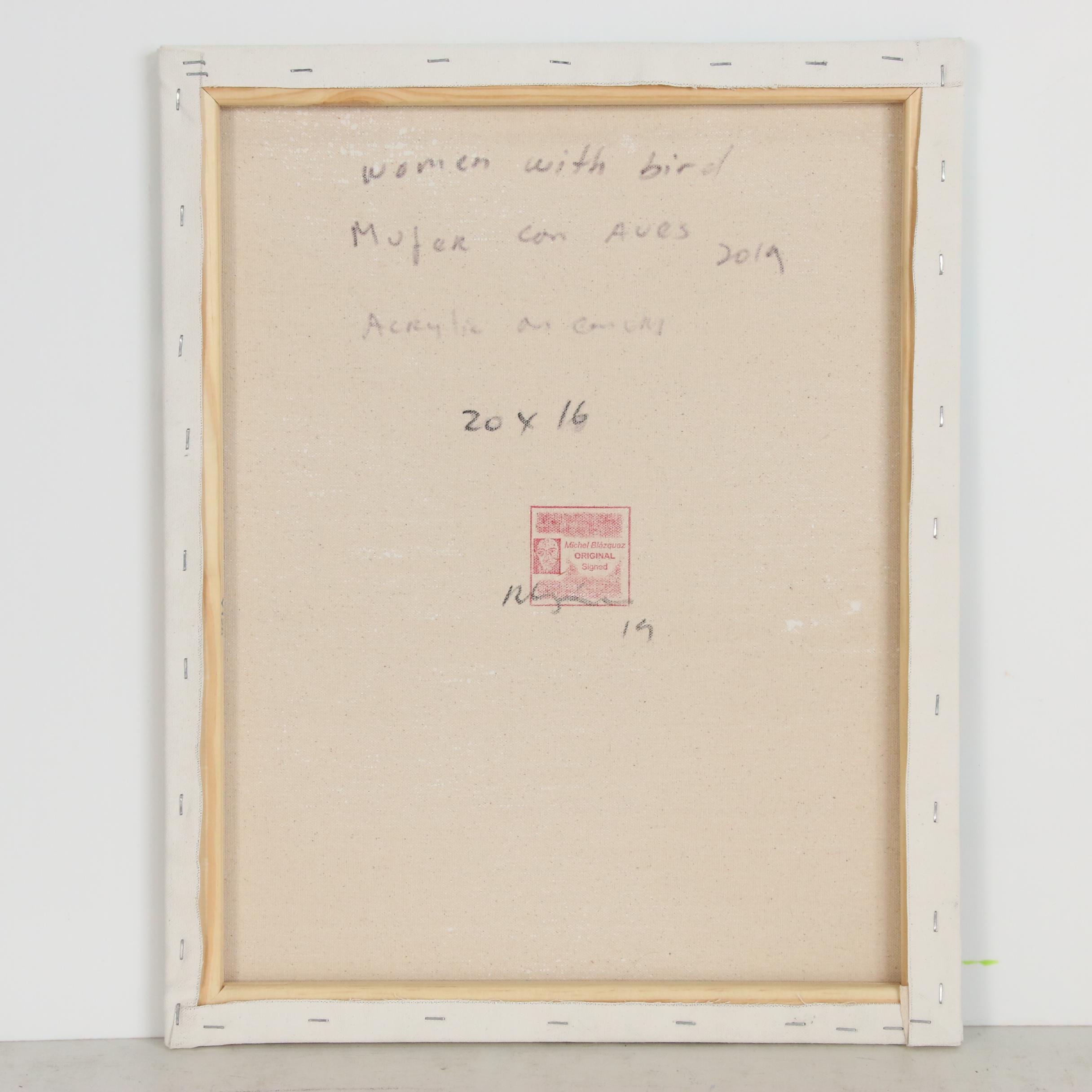 Michel Blazquez Acrylic Painting "Women with Bird"