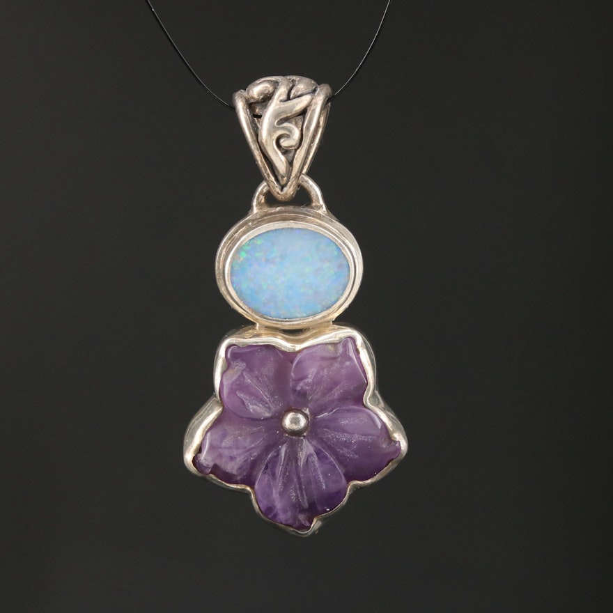 Sterling Silver Carved Amethyst and Opal Flower Pendant