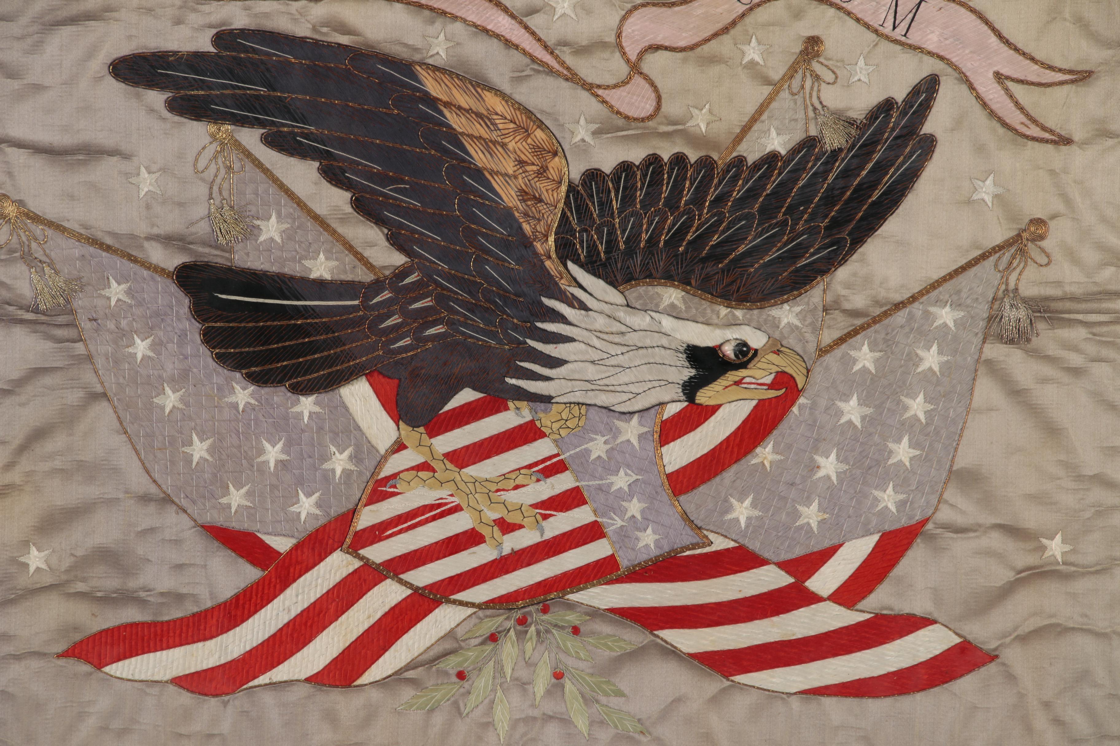 Japanese-Made Silk Trapunto Embroidered American Patriotic Banner, circa 1908