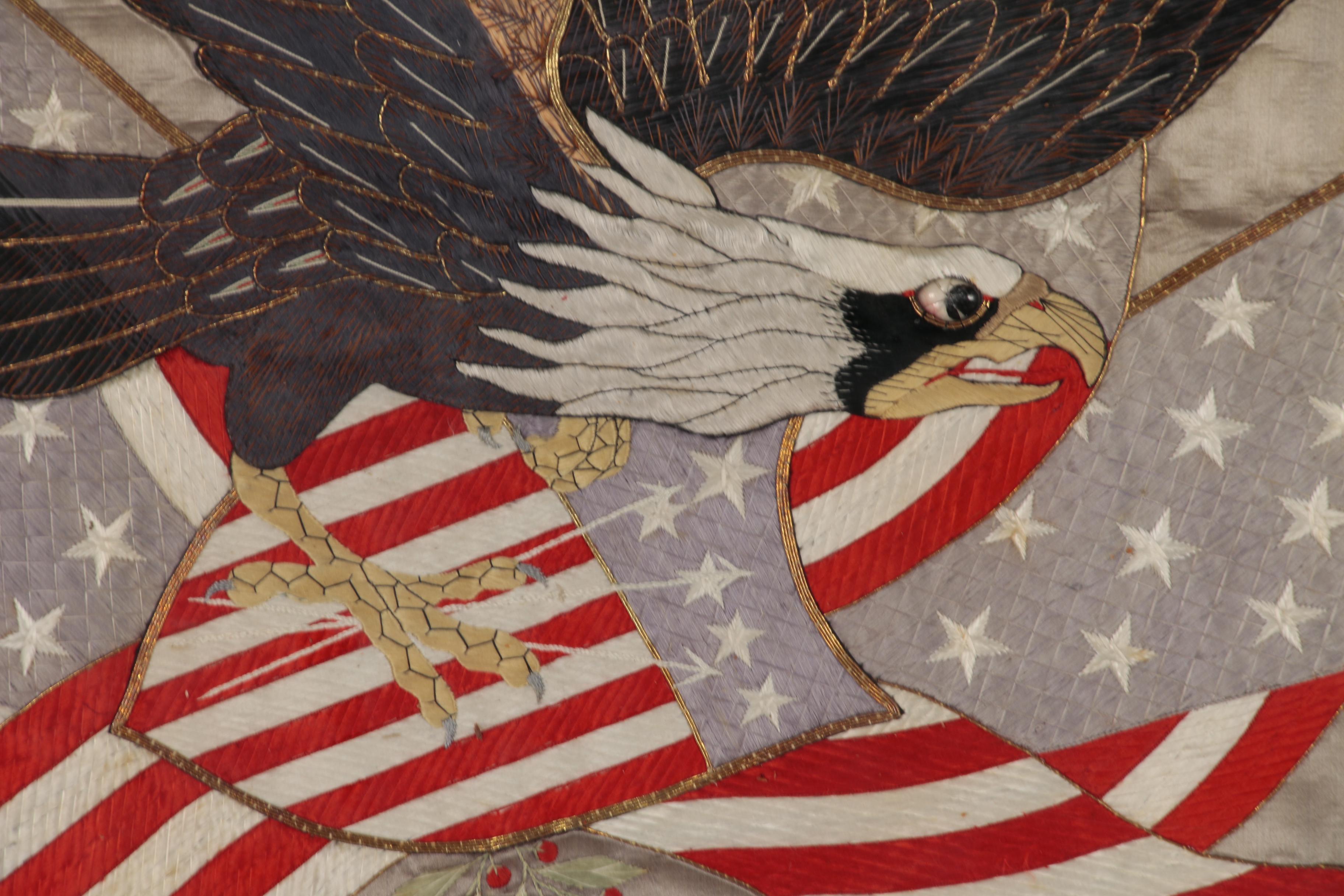 Japanese-Made Silk Trapunto Embroidered American Patriotic Banner, circa 1908