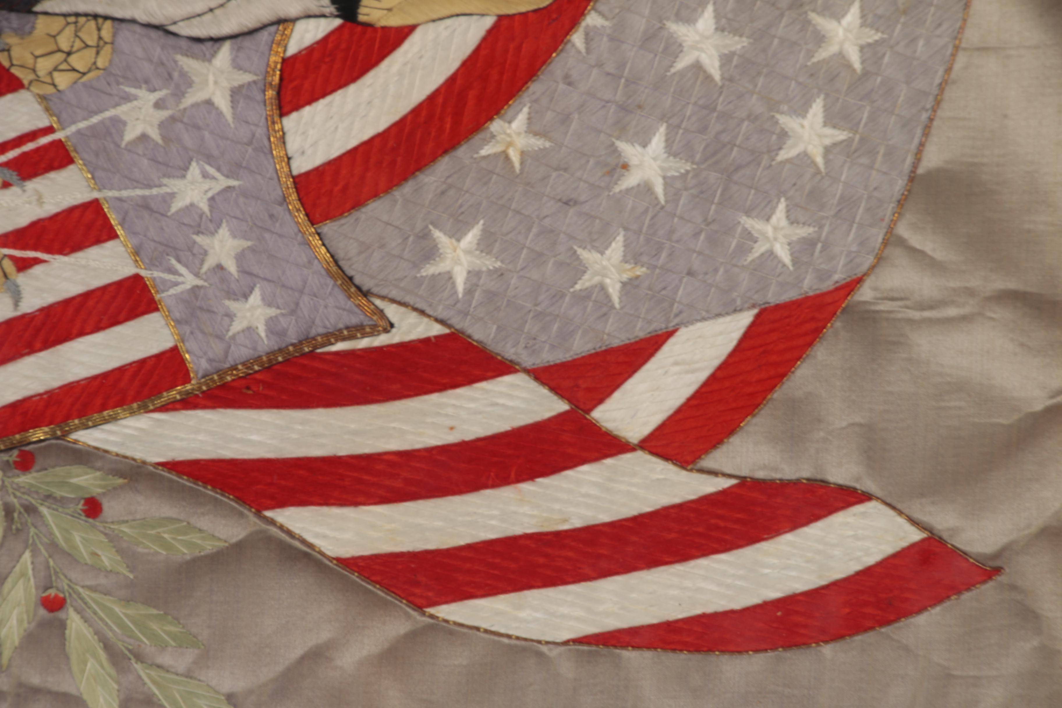 Japanese-Made Silk Trapunto Embroidered American Patriotic Banner, circa 1908