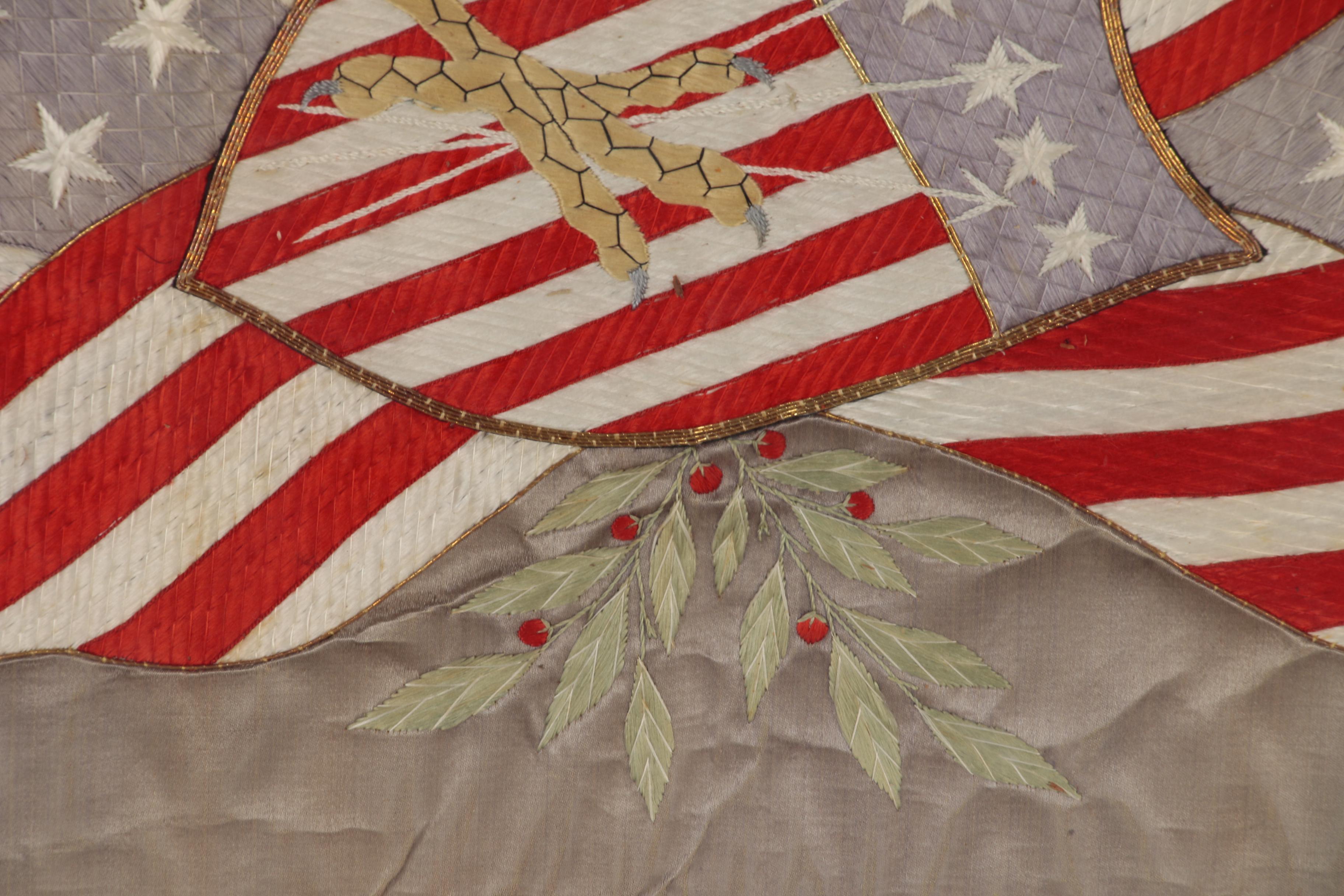 Japanese-Made Silk Trapunto Embroidered American Patriotic Banner, circa 1908