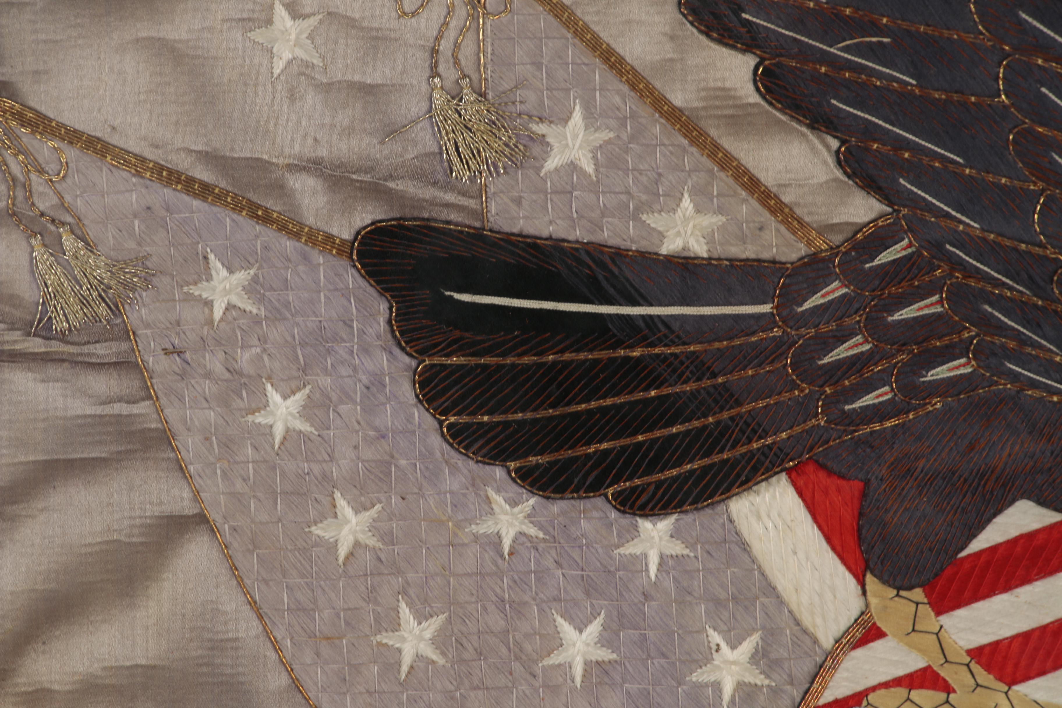 Japanese-Made Silk Trapunto Embroidered American Patriotic Banner, circa 1908