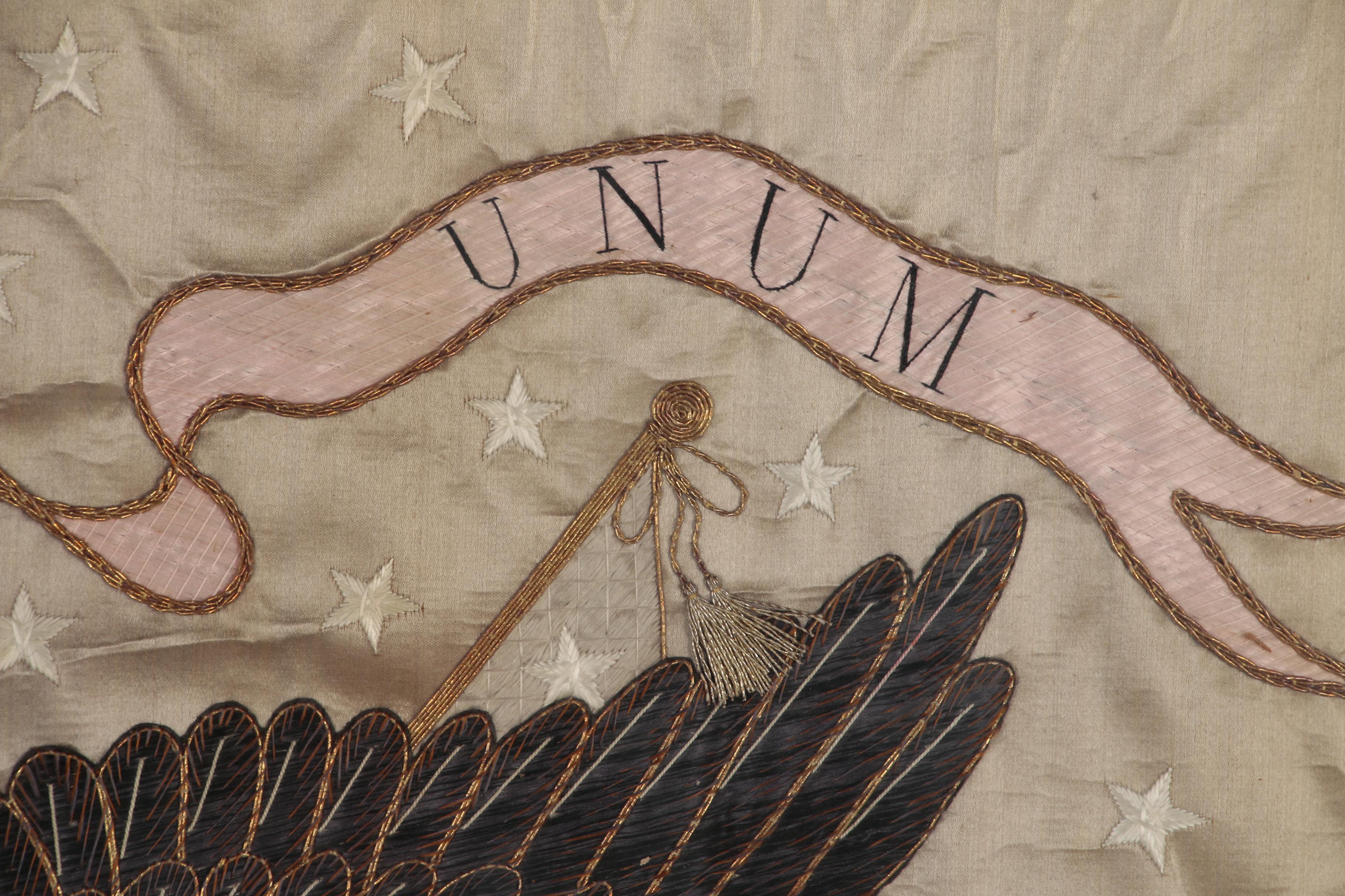 Japanese-Made Silk Trapunto Embroidered American Patriotic Banner, circa 1908