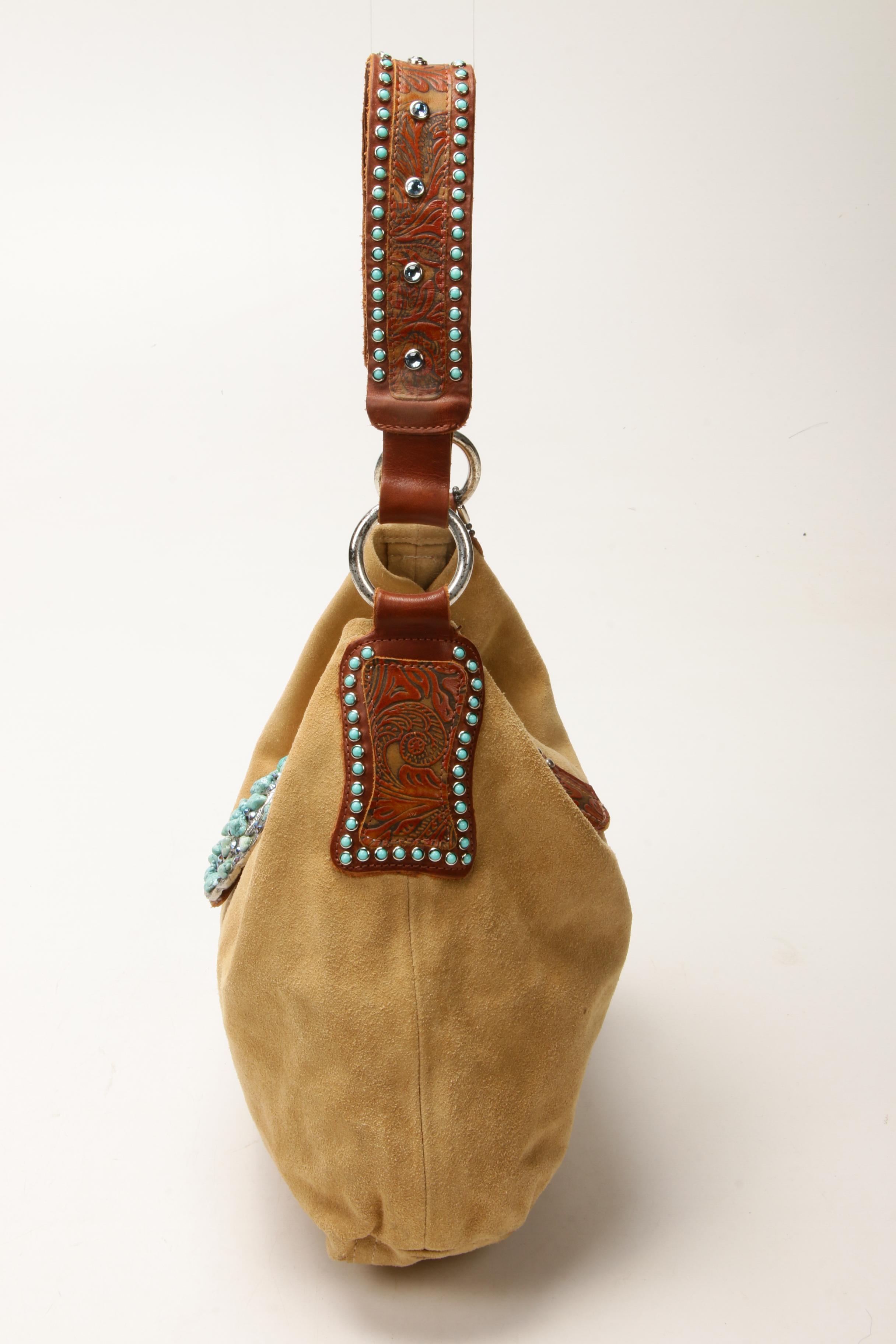 Leatherock Embellished Beige Suede with Tooled Leather Strap Shoulder Bag